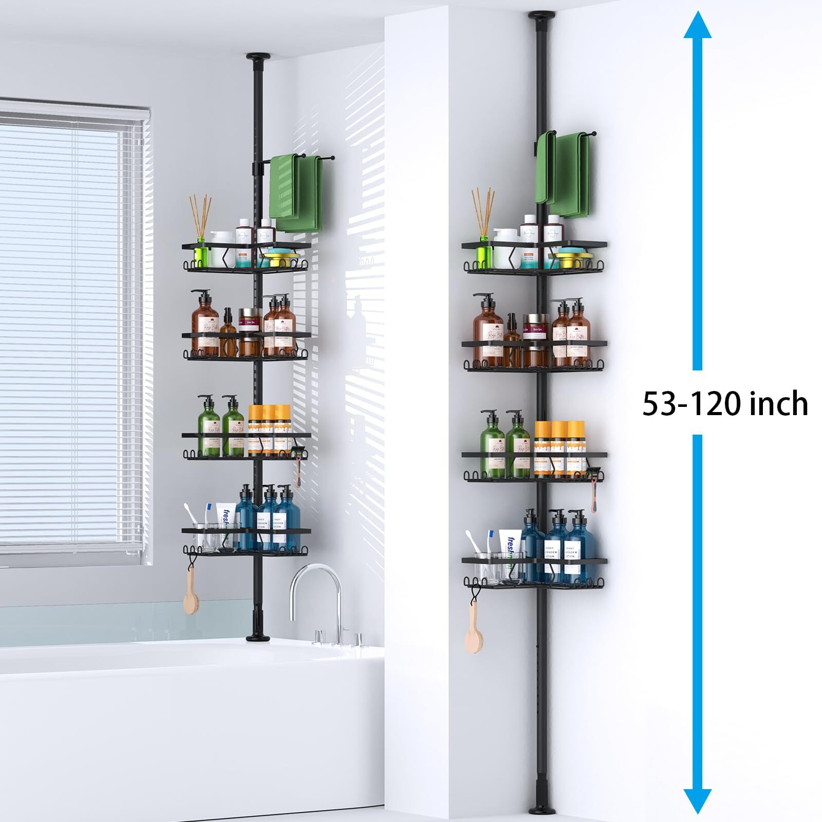 Kadolina Corner Shower Caddy Tension Pole  4-Tier Adjustable Shelves With Tension Pole  53 To 120 Inch Height Shower Rack For Bathtub Shampoo Accessories Storage Holder (Matte Black)