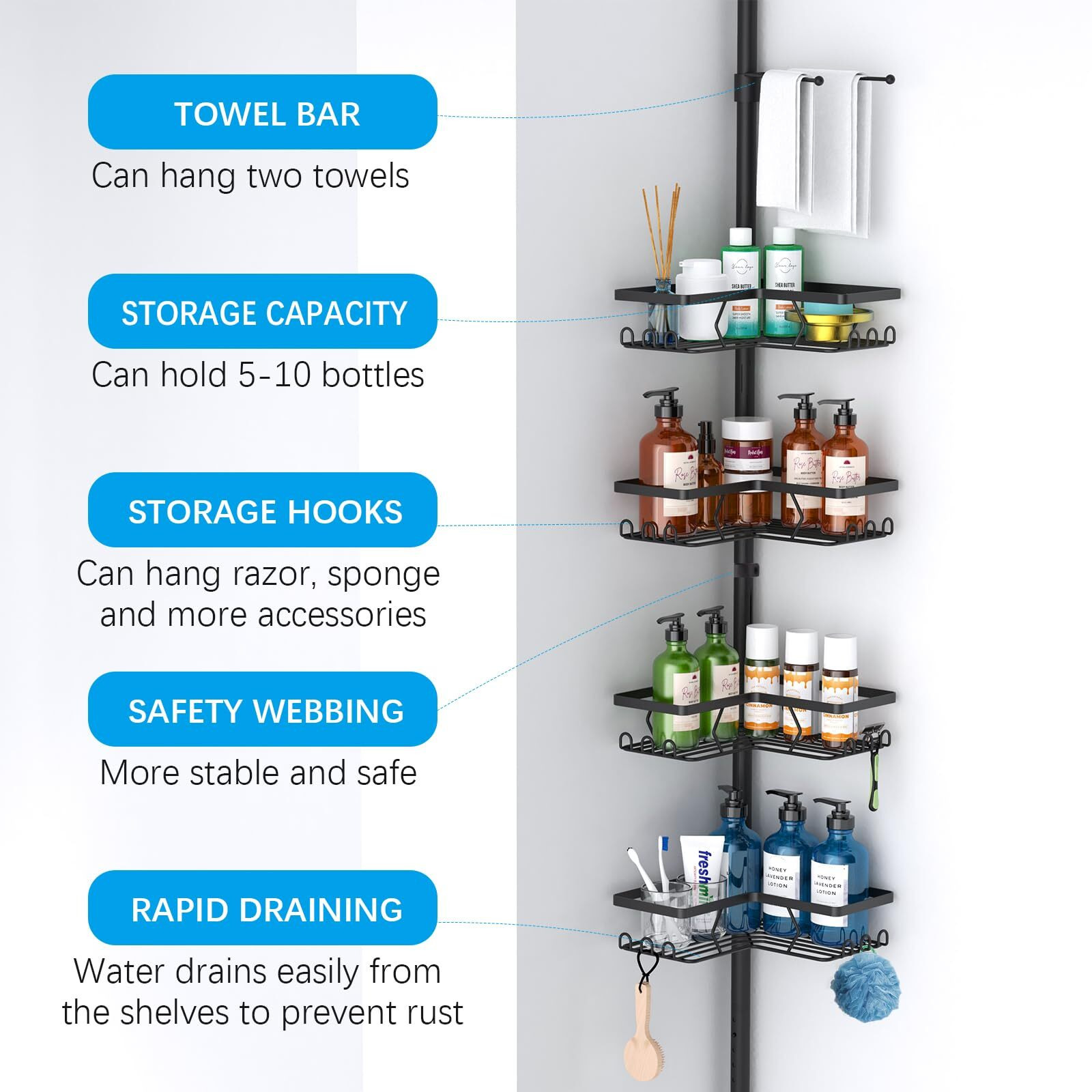 Kadolina Corner Shower Caddy Tension Pole  4-Tier Adjustable Shelves With Tension Pole  53 To 120 Inch Height Shower Rack For Bathtub Shampoo Accessories Storage Holder (Matte Black)