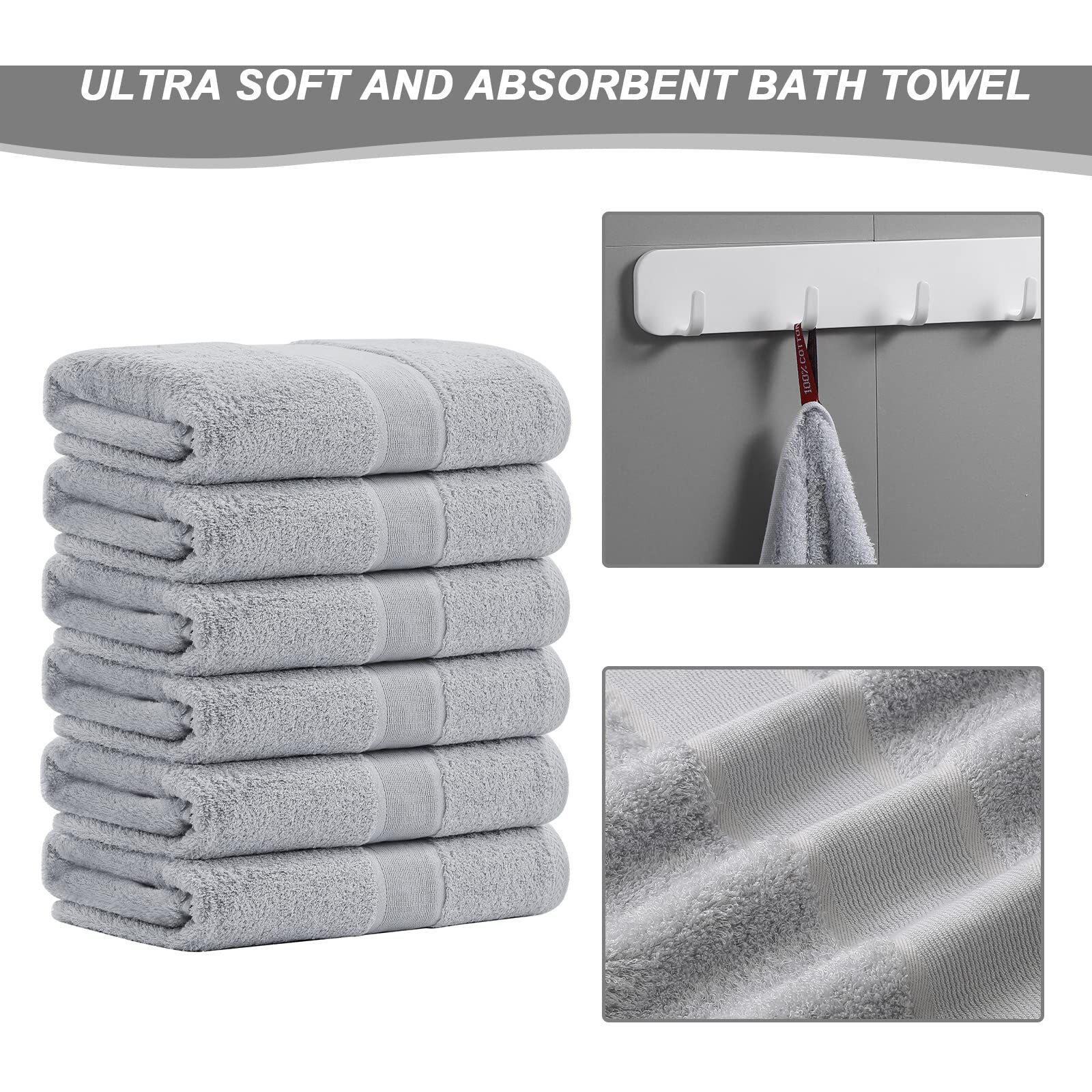 Aibaser Bath Towels  27X54Inch - Natural  Ultra Absorbent Towels For Bathroom  Travel  Gym  Shower And Spa (6 Piece Set) (Light Grey)