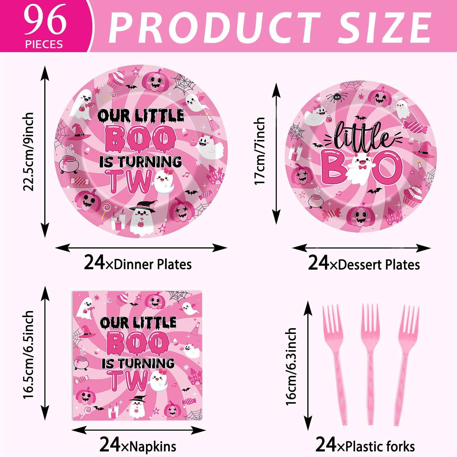 96Pcs Halloween Pink Ghost Party Supplies Boo 2Nd Birthday Paper Plates Napkins Our Little Boo Is Turning Two Party Decoration Spooky Ghost Pumpkin Dinnerware Party Favor Girl Party Tableware Serve 24