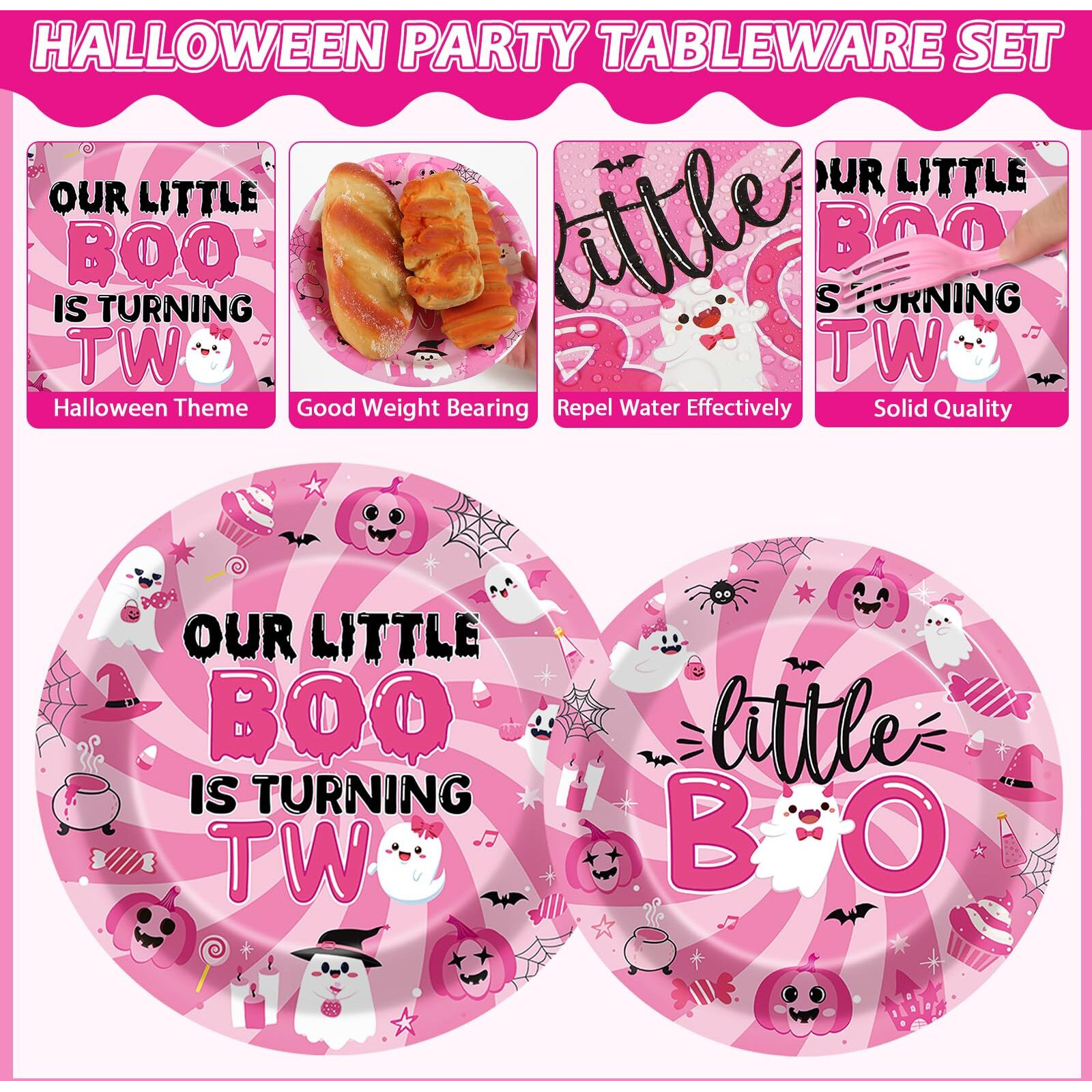 96Pcs Halloween Pink Ghost Party Supplies Boo 2Nd Birthday Paper Plates Napkins Our Little Boo Is Turning Two Party Decoration Spooky Ghost Pumpkin Dinnerware Party Favor Girl Party Tableware Serve 24