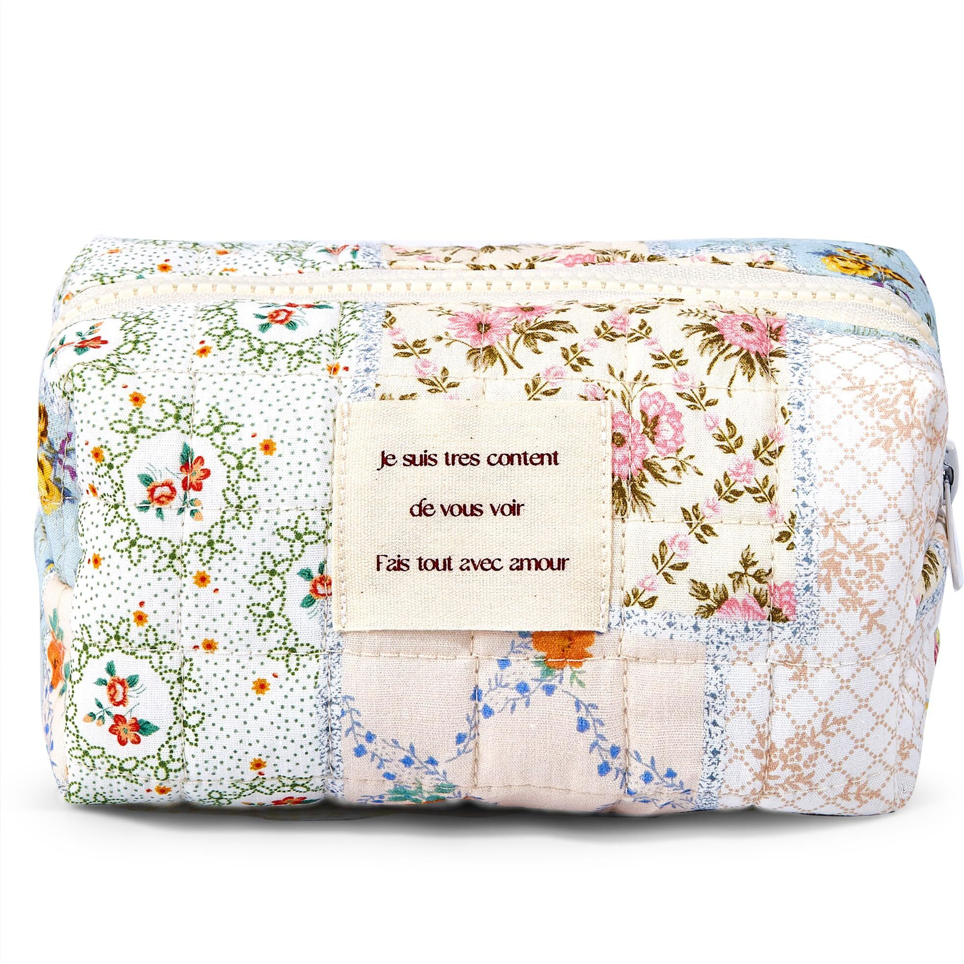 Sminra Floral Small Makeup Bag  Cute Cotton Quilted Cosmetic Bag Pouch Organizer  Aesthetic Coquette Preppy Portable Purse Toiletry Bag For Women Girls Travel Accessoriess (Blue Floral-S)
