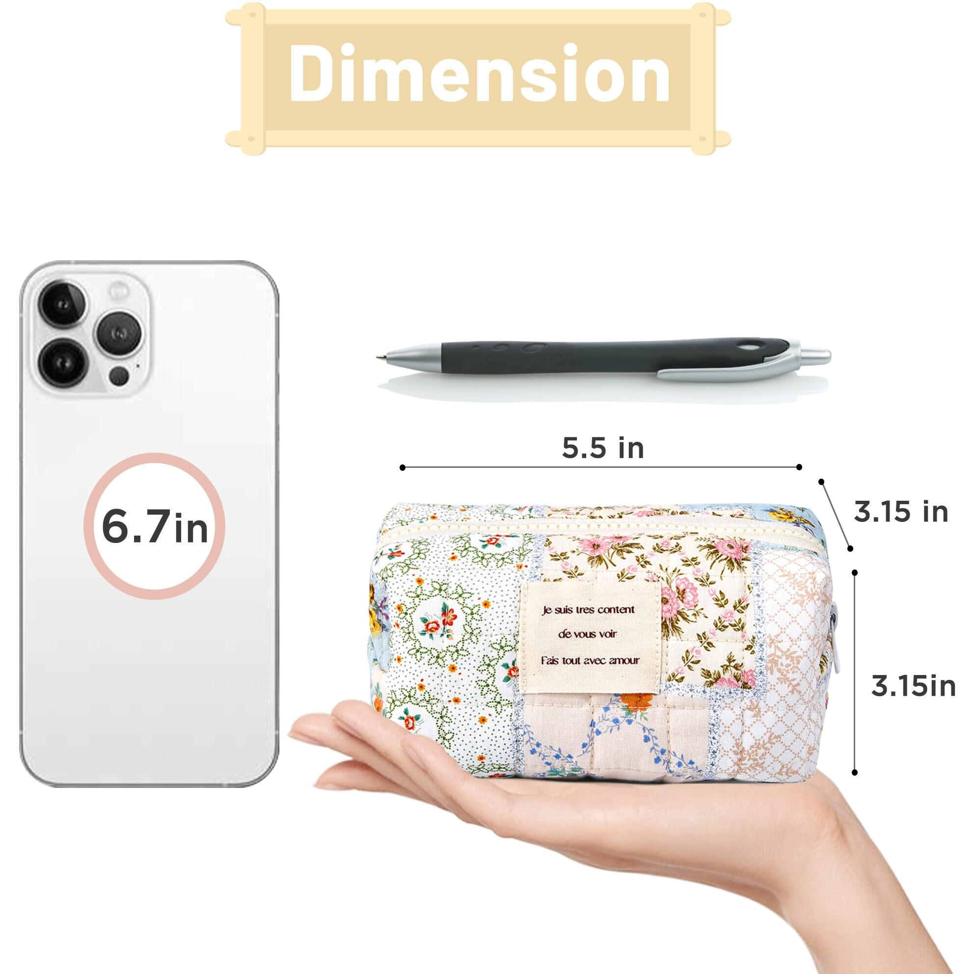 Sminra Floral Small Makeup Bag  Cute Cotton Quilted Cosmetic Bag Pouch Organizer  Aesthetic Coquette Preppy Portable Purse Toiletry Bag For Women Girls Travel Accessoriess (Blue Floral-S)