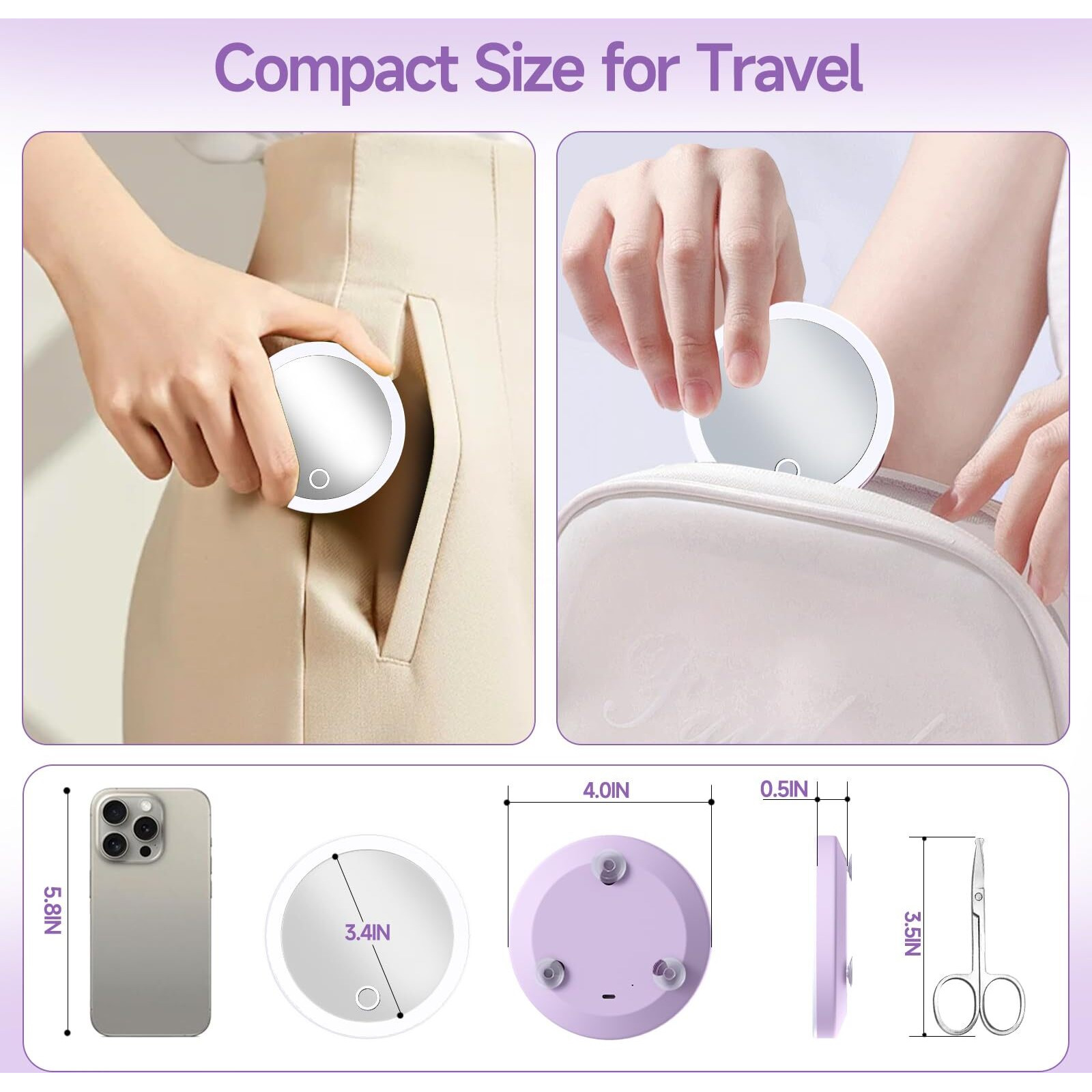 Travel Magnifying Mirror With Light 10X  4Inch Rechargeable Lighted Magnified Mirror With Suction Cups  Small Magnifying Mirror 10X High Magnification Compact Pocket Makeup Mirror With Scissors