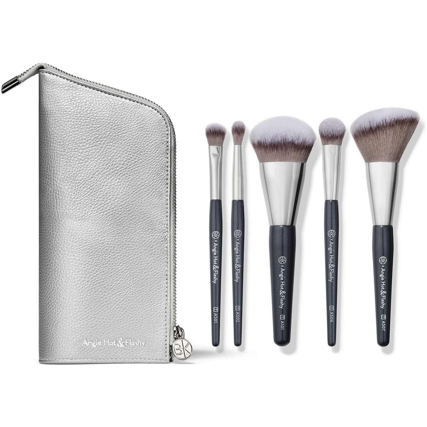 Bk Beauty Brushes - Angie Hot & Flashy Travel Brush Set With Pouch - Foundation Makeup Brushes - Brush For Liquid Or Cream Foundations - Under-Eye Concealer | Bronzer  Blush & Highlighter Makeup Brush