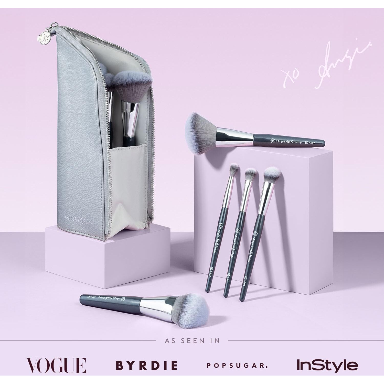 Bk Beauty Brushes - Angie Hot & Flashy Travel Brush Set With Pouch - Foundation Makeup Brushes - Brush For Liquid Or Cream Foundations - Under-Eye Concealer | Bronzer  Blush & Highlighter Makeup Brush