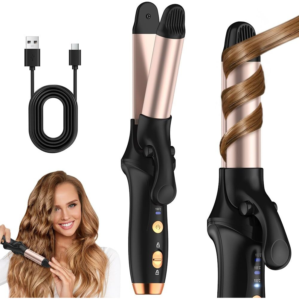 Hcrtgay Curling Iron Cordless Rechargeable Curling Iron Cordless Hair Curler(3 Gear) Travel Mini Curling Iron 4000 Mah Hair Straightener And Curler 2 In 1 For Long Short Hair(Rose Gold & Black)