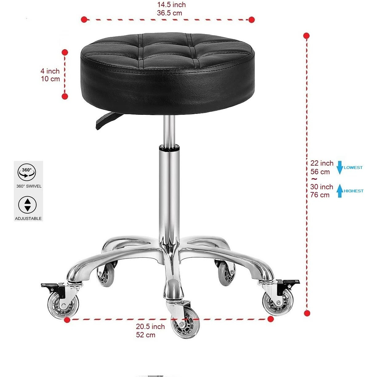 Mcdoofly Adjustable Heavy Duty Stool - Rolling Stools With Locking Caster Wheels - Swivel Stools Backless Chair For Home Kitchen Office Shop Tattoo Lash Tech Pedicure(Black  Height 22 To 30 In)