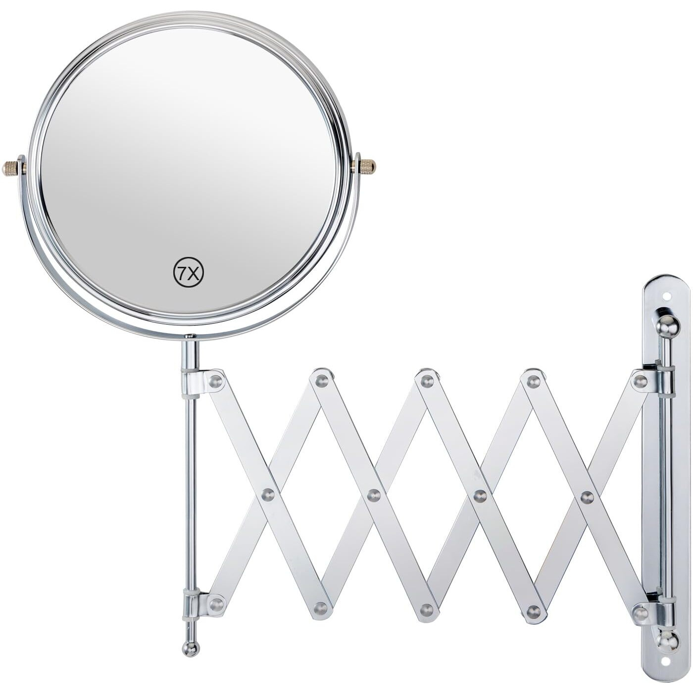 Welllink 7 Inch Wall Mounted Makeup Mirror  1X/7X Magnification  Extendable Arm  360Deg Rotating  Two Sided  Wall Mounted For Vanity/Bathroom  Chrome
