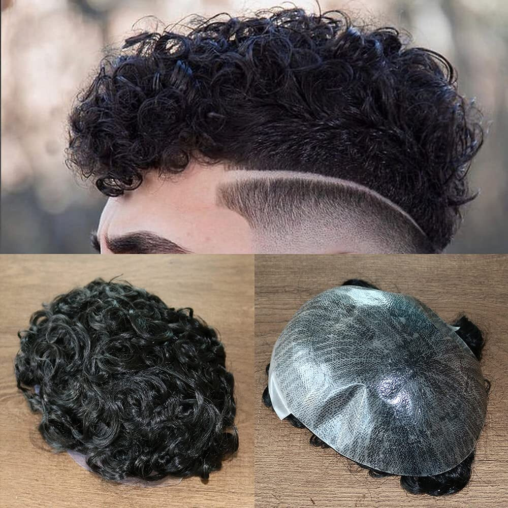 Simbeauty Indian Remy Human Hair Curl Toupee 10X8Inch For Men With Men Hair System Replacement Wig (1B (Off Black) 20Mm Curl)