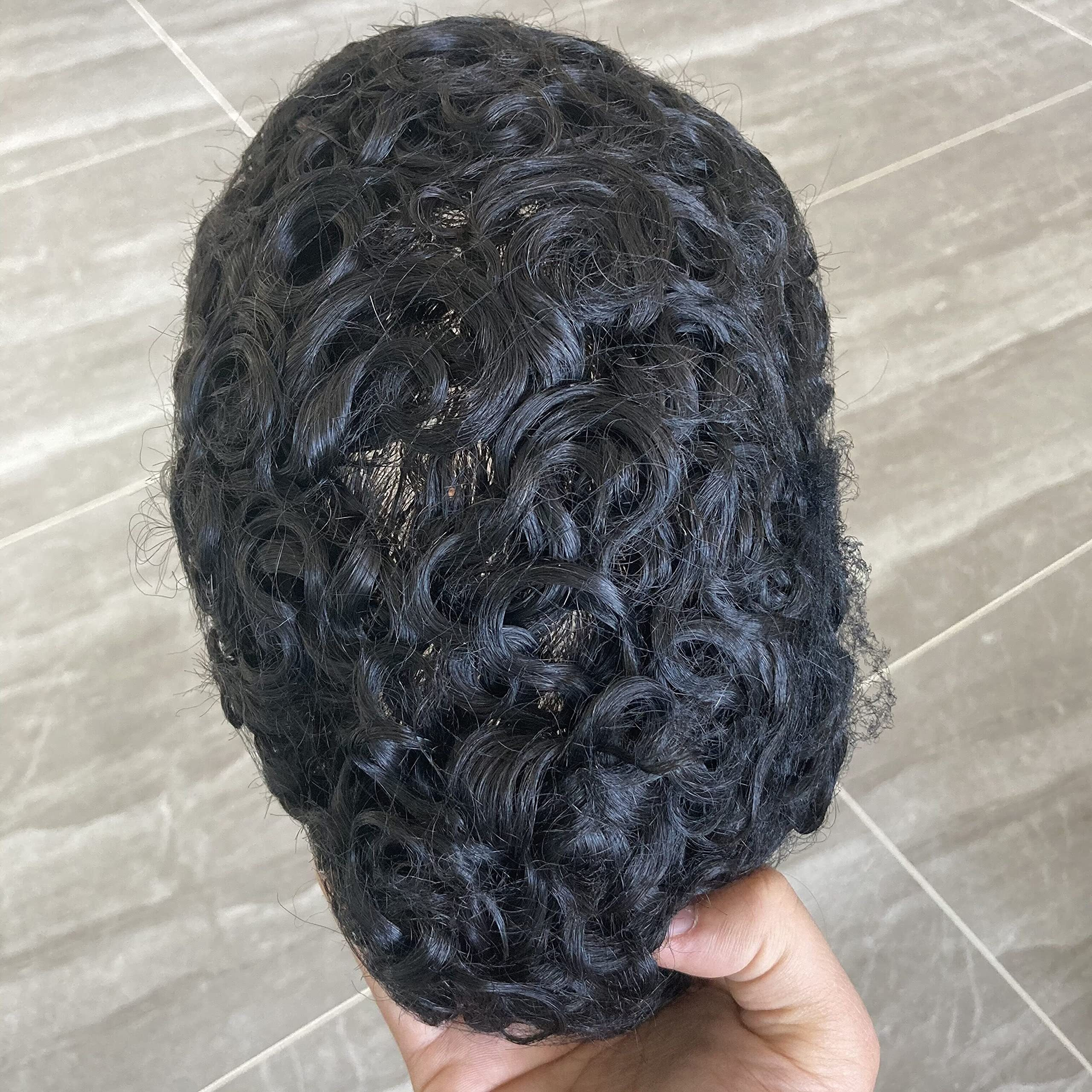 Simbeauty Indian Remy Human Hair Curl Toupee 10X8Inch For Men With Men Hair System Replacement Wig (1B (Off Black) 20Mm Curl)