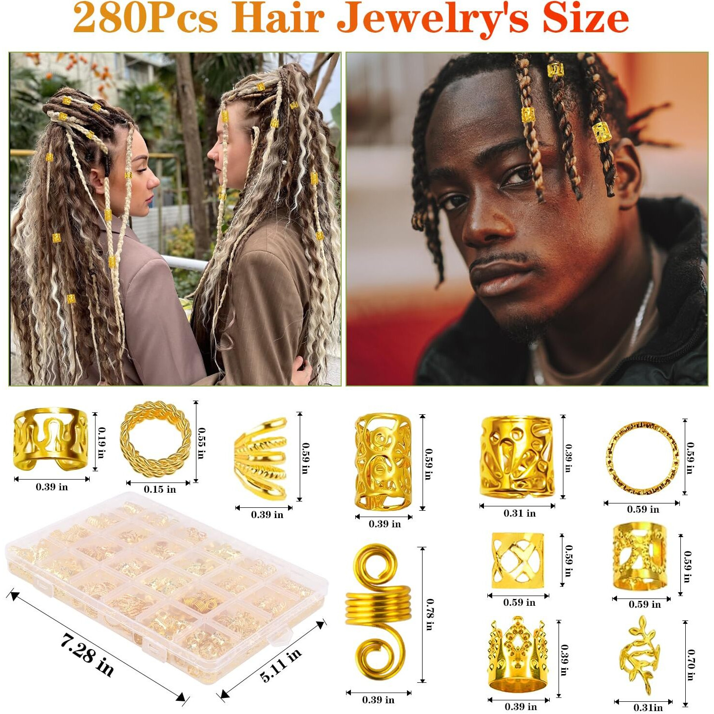 Belinreli 280 Pcs Hair Jewelry For Braids  Gold Loc Jewelry For Hair Dreadlocks Braid Jewelry Accessories Metal Hair Rings For Braids Cuffs Braid Clips Jewelry Decorations For Women Men Unisex
