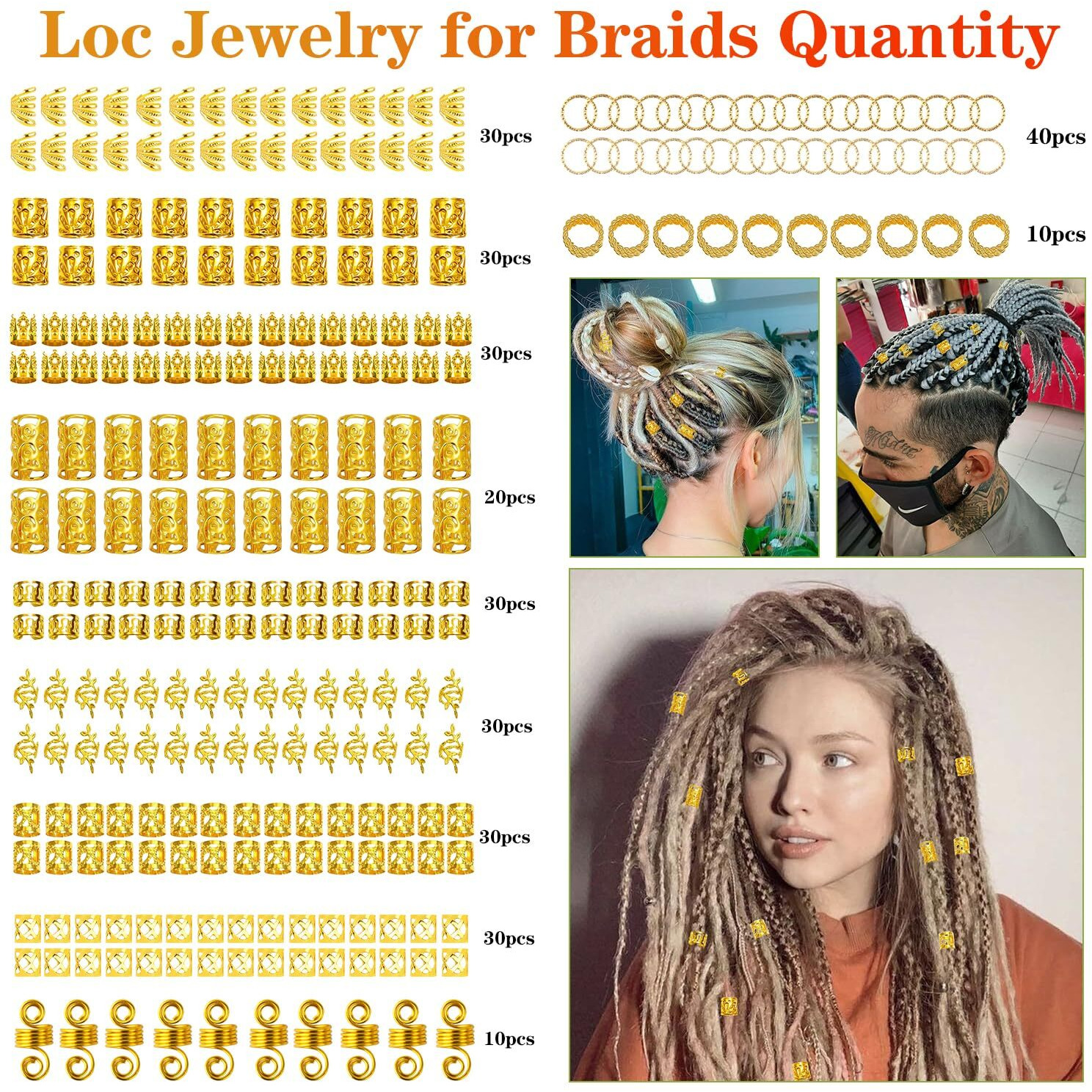Belinreli 280 Pcs Hair Jewelry For Braids  Gold Loc Jewelry For Hair Dreadlocks Braid Jewelry Accessories Metal Hair Rings For Braids Cuffs Braid Clips Jewelry Decorations For Women Men Unisex