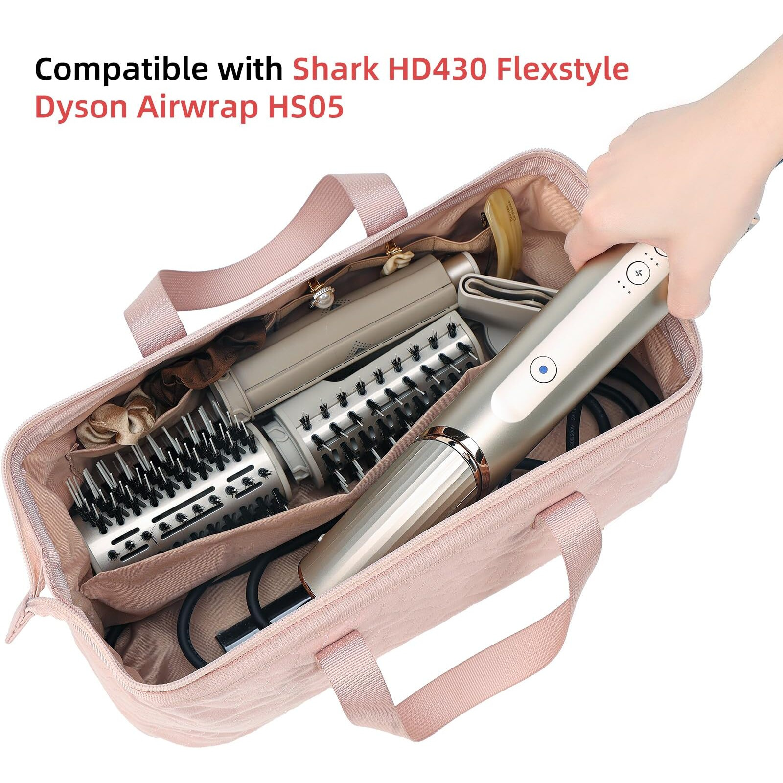 Nishel Hair Tools Travel Carrying Bag  Portable Hair Air Wrap Dryer Case  Curling Iron  Airstraight Attachment Organizer  Hairdressing Set  Pink