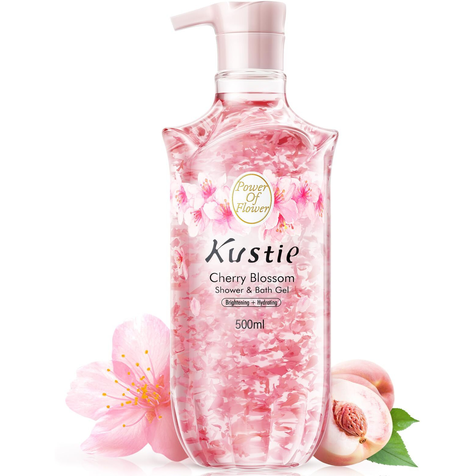 Kustie Cherry Blossom Brightening Body Wash  Natural Petals & Essential Oils - Antioxidant  24H Fragrance & Deep Moisturizing Cleanse Shower Gel For Sensitive & Dry Skin With Pump Bottle  16.9 Fl Oz