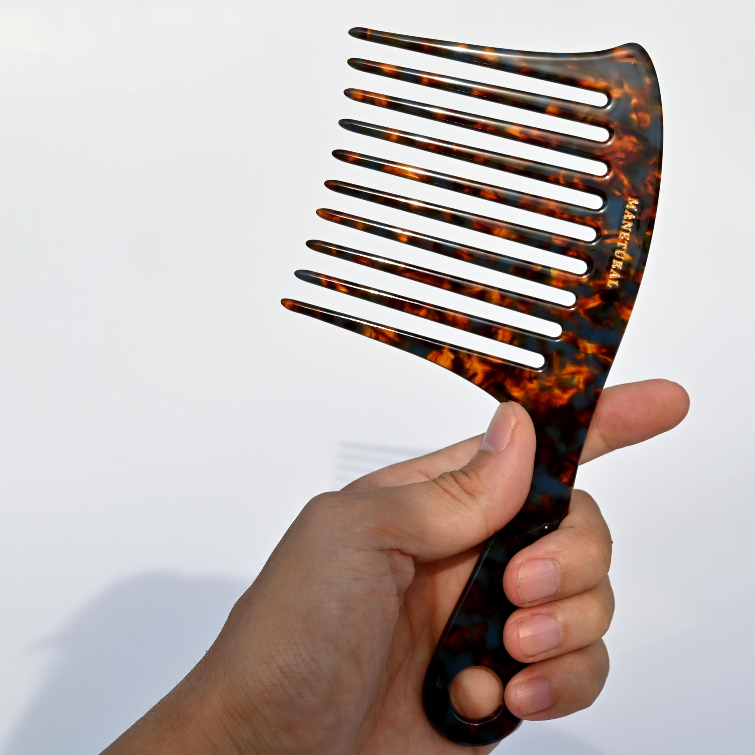 Manetural D1 | Large Wide Tooth Handle Comb For Curly Hair  7.4 Inch Mustache And Beard Comb For Men | Elevates  Preserves Curl  Eliminates Frizz | Acetate Comb (Tortoise)