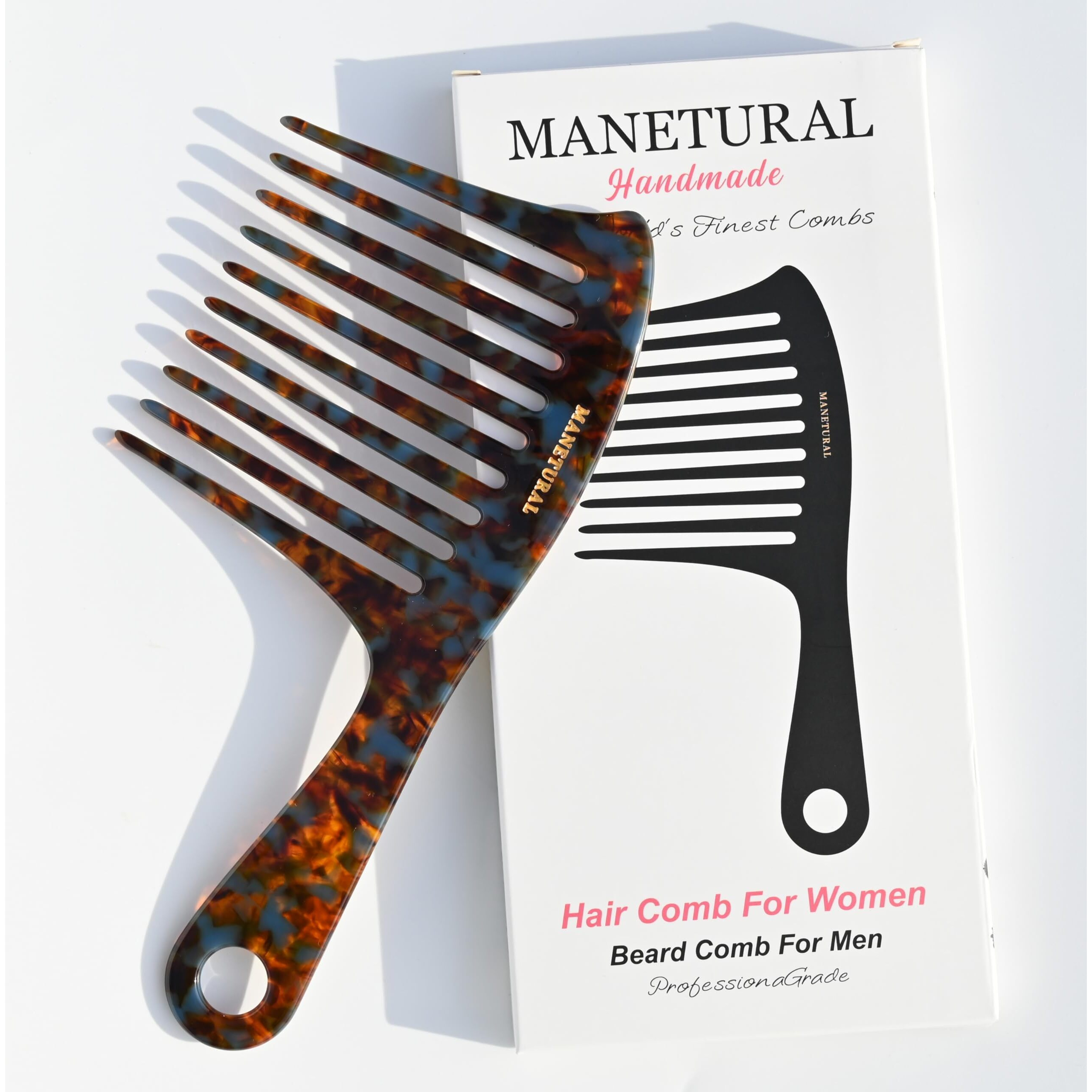 Manetural D1 | Large Wide Tooth Handle Comb For Curly Hair  7.4 Inch Mustache And Beard Comb For Men | Elevates  Preserves Curl  Eliminates Frizz | Acetate Comb (Tortoise)