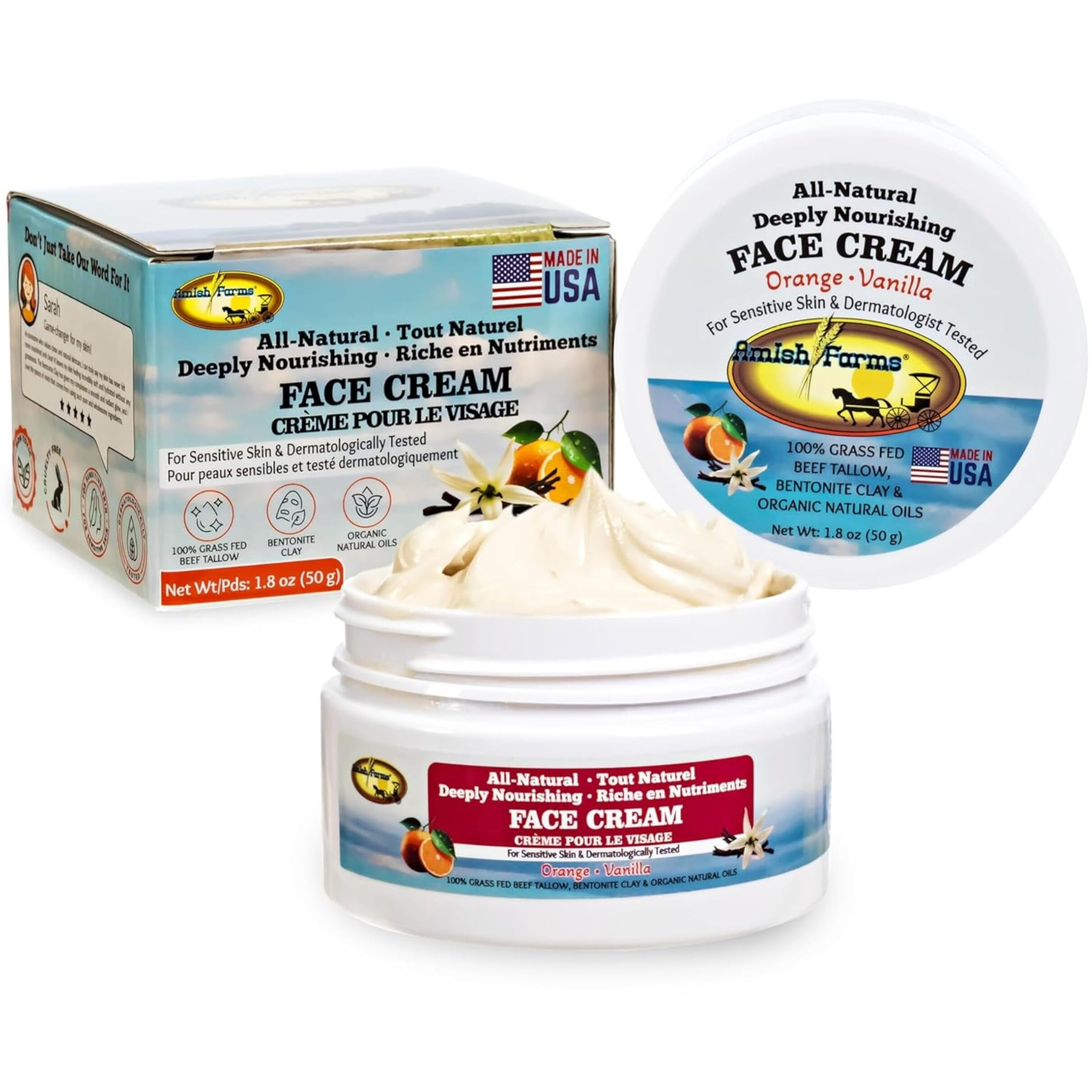 Amish Farms Tallow Face Cream - Handcrafted Beef Tallow For Skin Moisturizer Infused With Natural Ingredients  Orange & Vanilla Oils  100% Grass-Fed Beef Tallow For Hydrated & Radiant Skin (50G Jar)