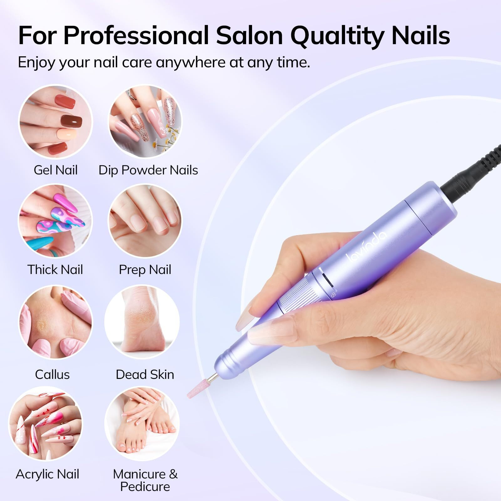 Lavinda Electric Nail Drill Machine  Professional 35000Rpm Nail File Cordless Rechargeable Nail Efile For Acrylic Gel Nails  Manicure Pedicure Polishing Shape Tools For Salon Home Use-Purple