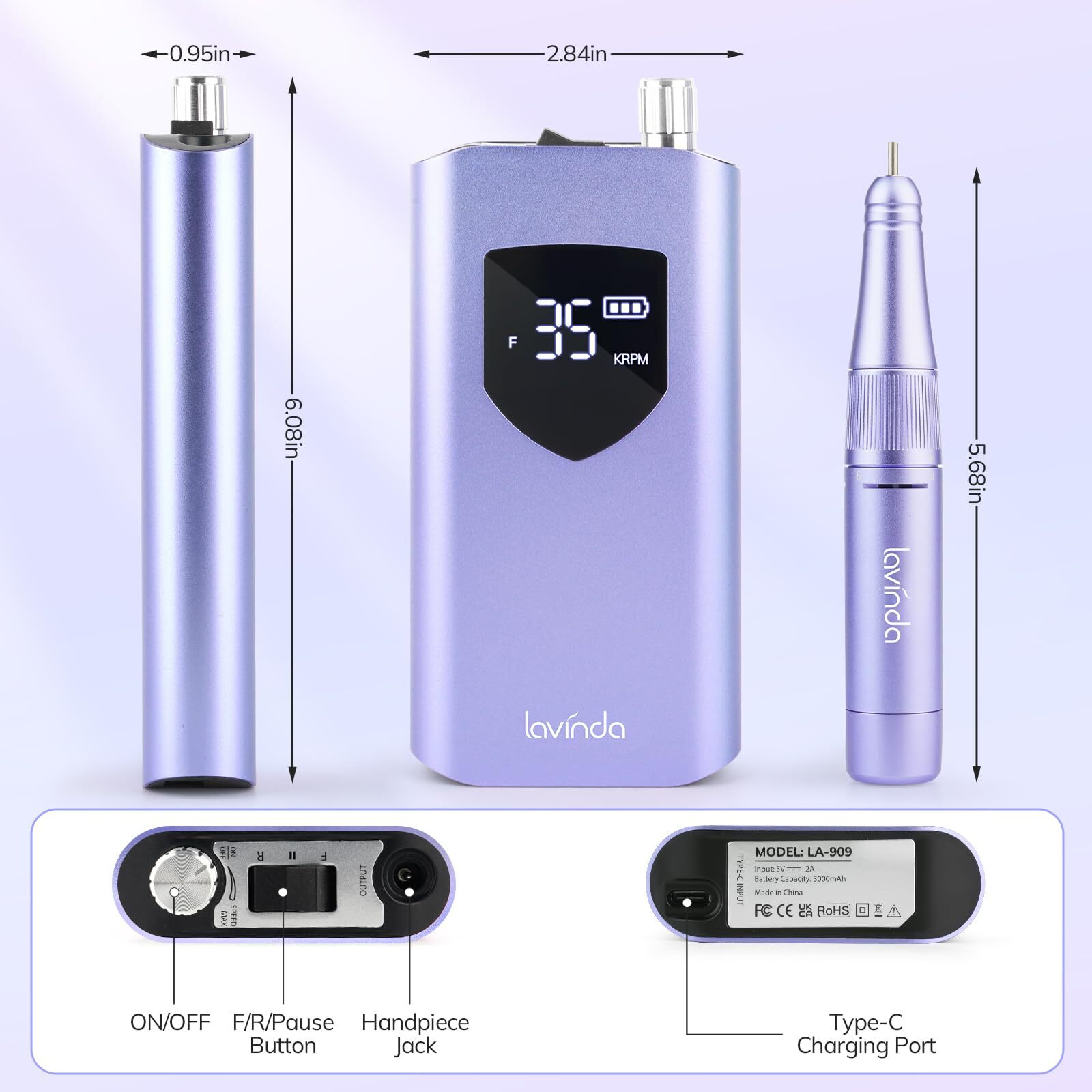 Lavinda Electric Nail Drill Machine  Professional 35000Rpm Nail File Cordless Rechargeable Nail Efile For Acrylic Gel Nails  Manicure Pedicure Polishing Shape Tools For Salon Home Use-Purple