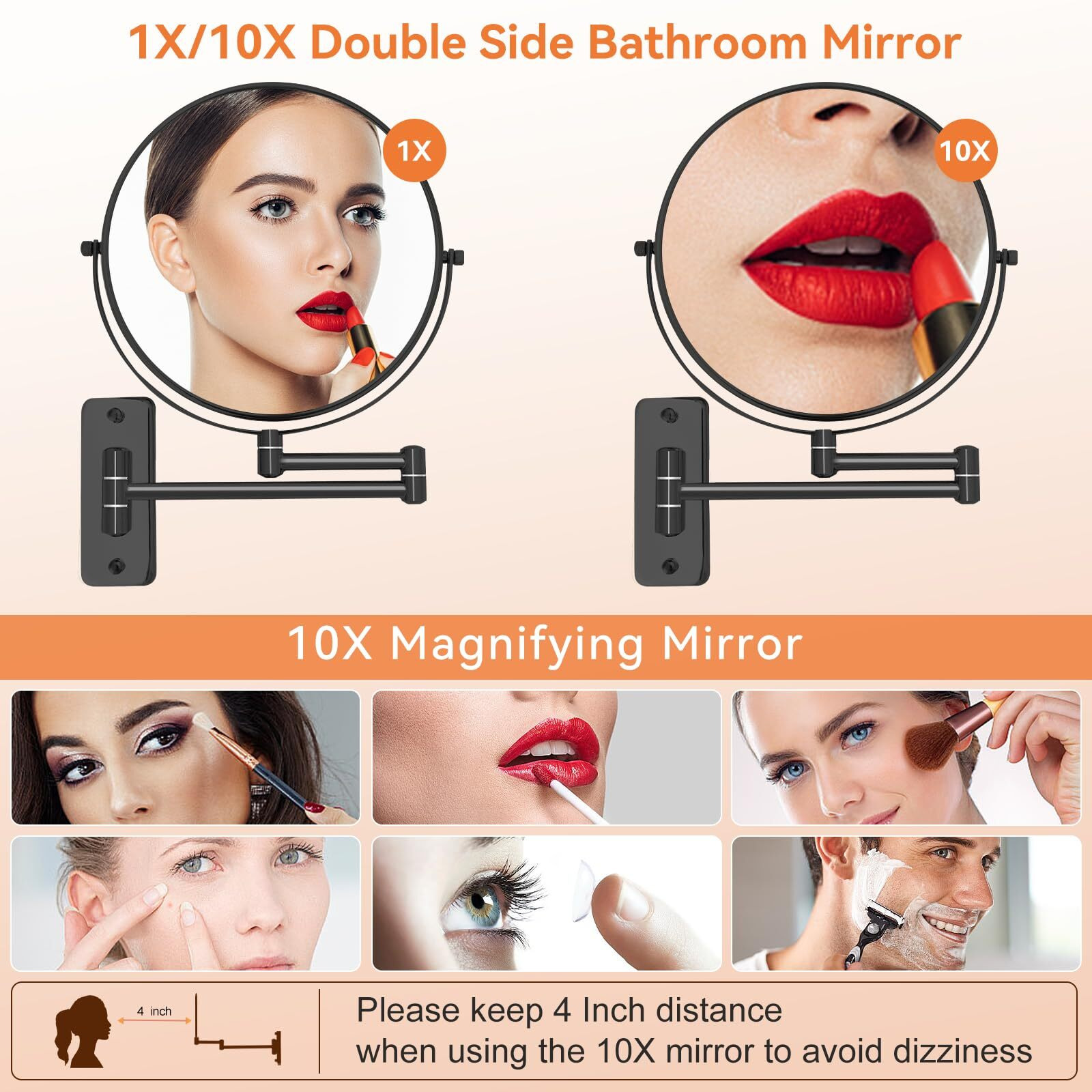 Aumvum 8  Makeup Mirror Wall Mounted  1X/10X Double-Sided Wall Mount Magnifying Bathroom Mirror With Extendable Arm  360 Swivel Vanity Shaving Mirror For Bathroom And Makeup  Black (No Light
