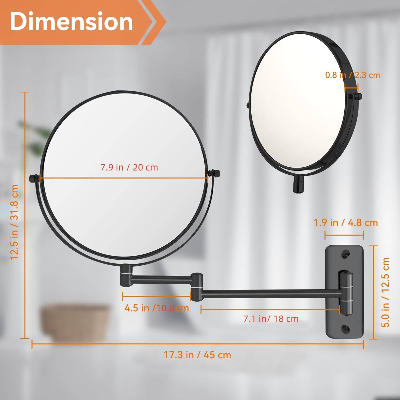 Aumvum 8  Makeup Mirror Wall Mounted  1X/10X Double-Sided Wall Mount Magnifying Bathroom Mirror With Extendable Arm  360 Swivel Vanity Shaving Mirror For Bathroom And Makeup  Black (No Light