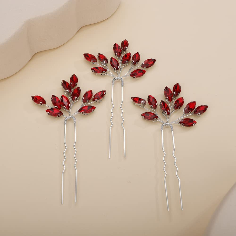 Teyglen 3Pcs Bridal Crystal Hair Pins Rhinestones Hair Pieces Simple Crystal Wedding Hair Accessories Handmade Hair Pins For Women Bride Girls (Red)