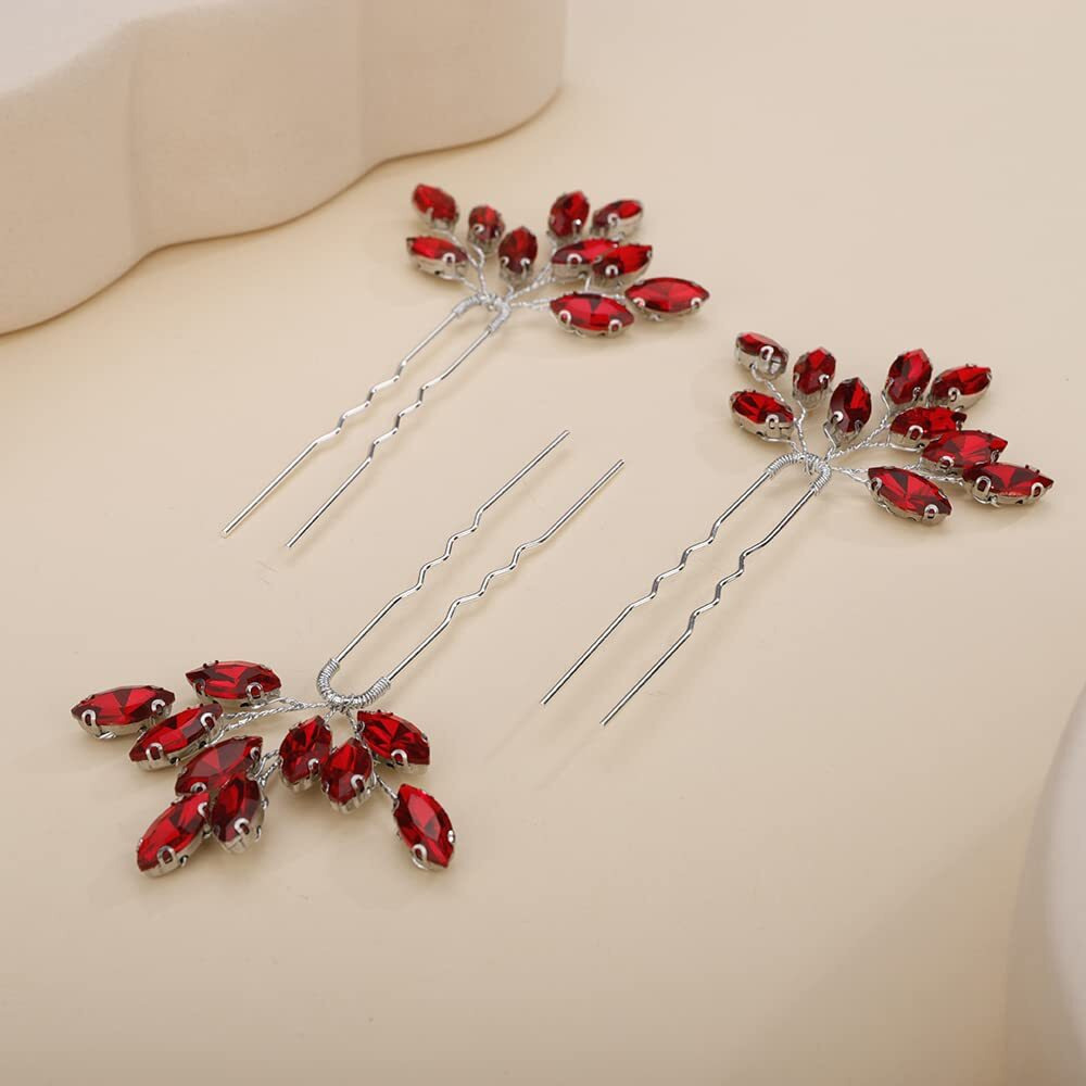 Teyglen 3Pcs Bridal Crystal Hair Pins Rhinestones Hair Pieces Simple Crystal Wedding Hair Accessories Handmade Hair Pins For Women Bride Girls (Red)