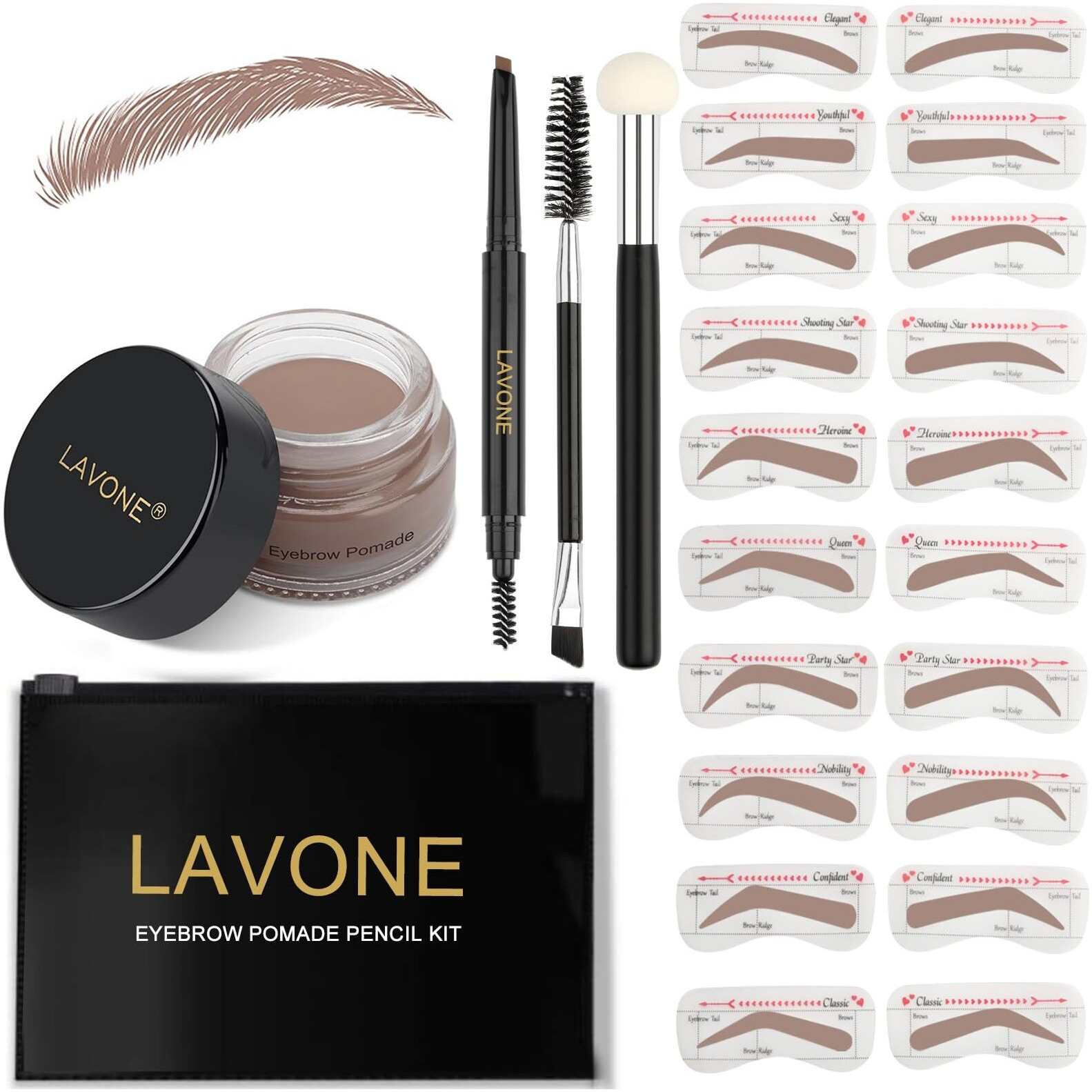Lavone Eyebrow Stamp Stencil Kit  Brow Stamp Trio Kit With Waterproof Eyebrow Pencil  Pomade  20 Eyebrow Stencils  Dual-Ended Eyebrow Brush And Sponge Applicator - Ash Blonde