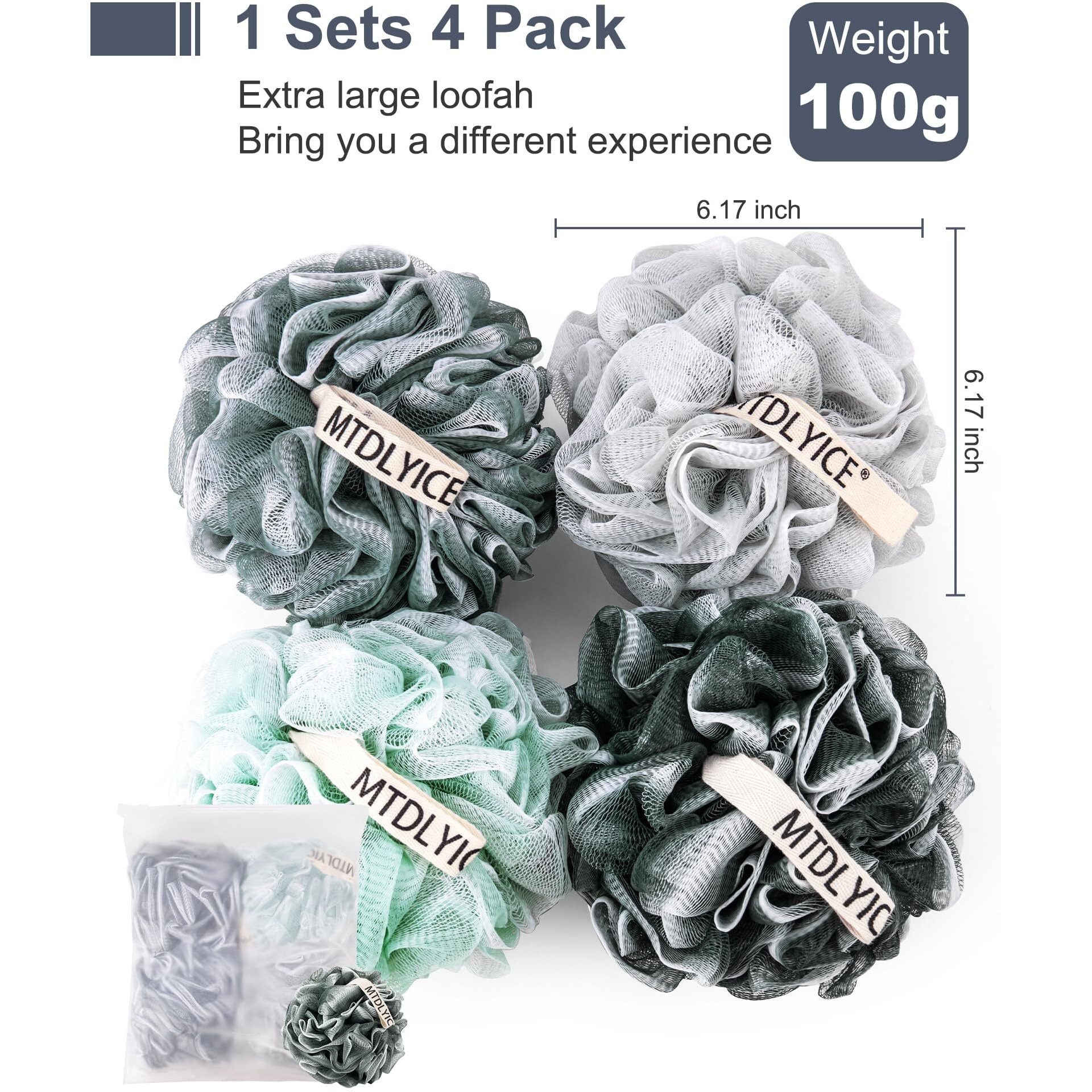 Mtdlyice Loofah Sponge  Xxl Large Loofah 100G 4 Pack  Bath Sponge Soft Mesh Shower Loofah For Men  Body Scrub  Shower Pouf Bath Accessories  For Body Wash  Soap (Blue Gray)