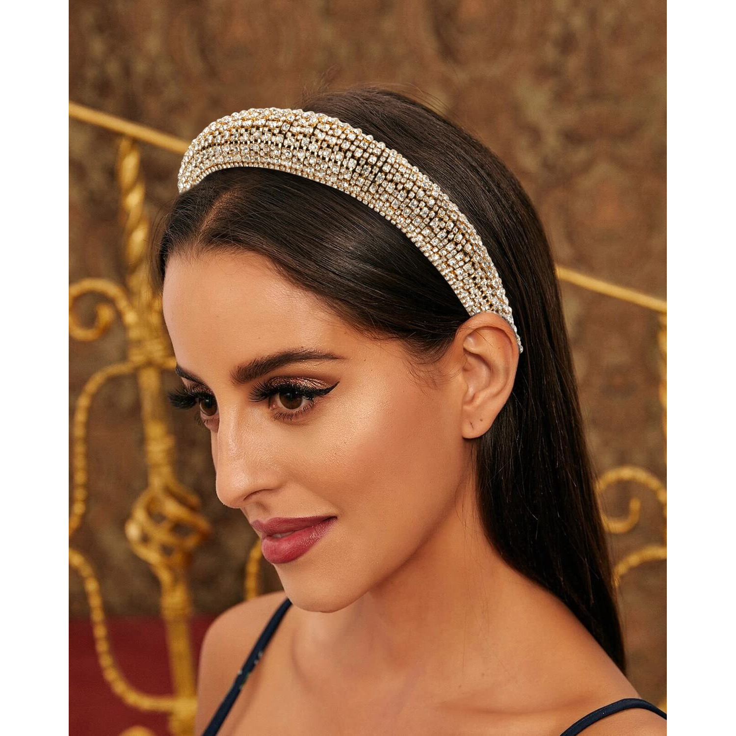 Wecoe 1Pc Rhinestone Headband Women Girls Thick Padded Headband Bling Glitter Sparkly Gold Diamond Headband Fashion Head Band Holiday Formal Homecoming Hair Accessories For Women Girls Gifts