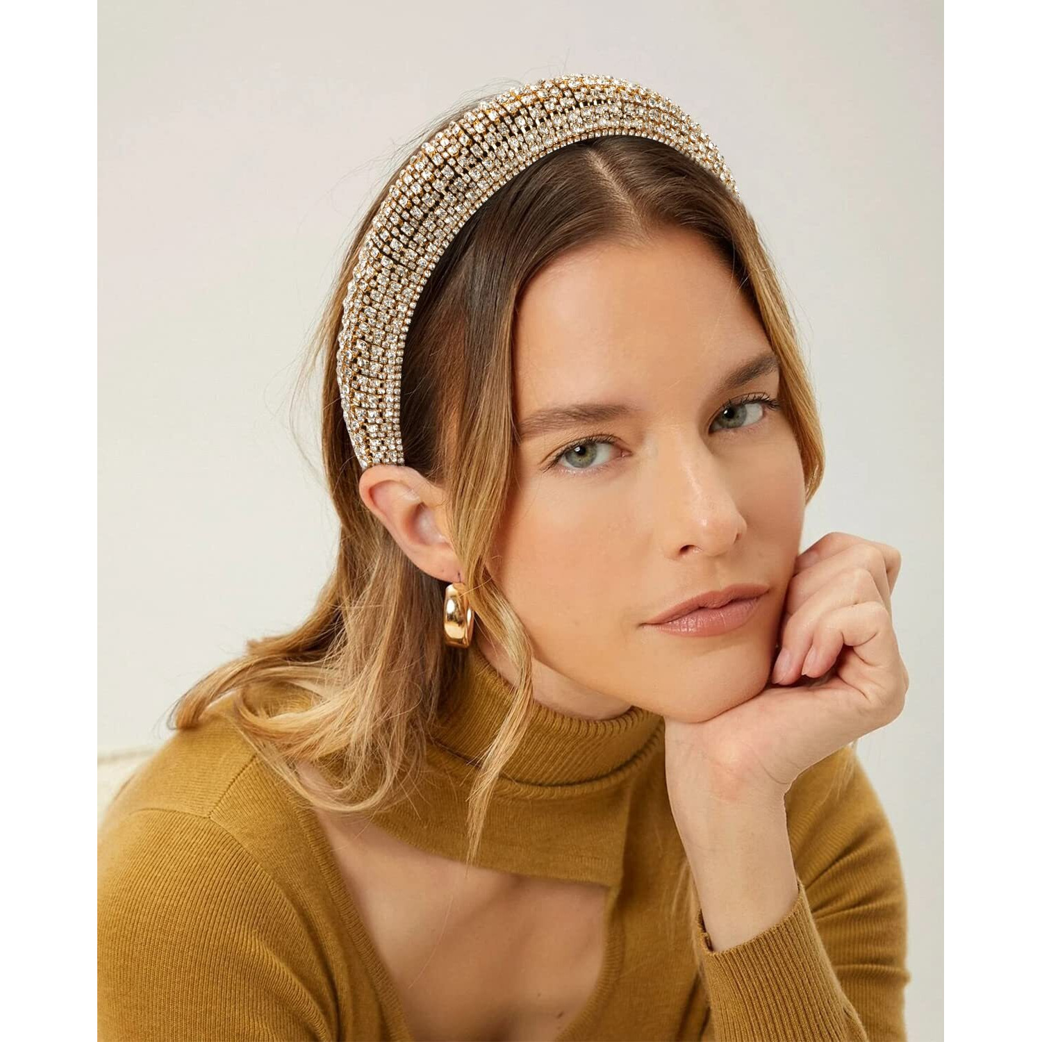 Wecoe 1Pc Rhinestone Headband Women Girls Thick Padded Headband Bling Glitter Sparkly Gold Diamond Headband Fashion Head Band Holiday Formal Homecoming Hair Accessories For Women Girls Gifts