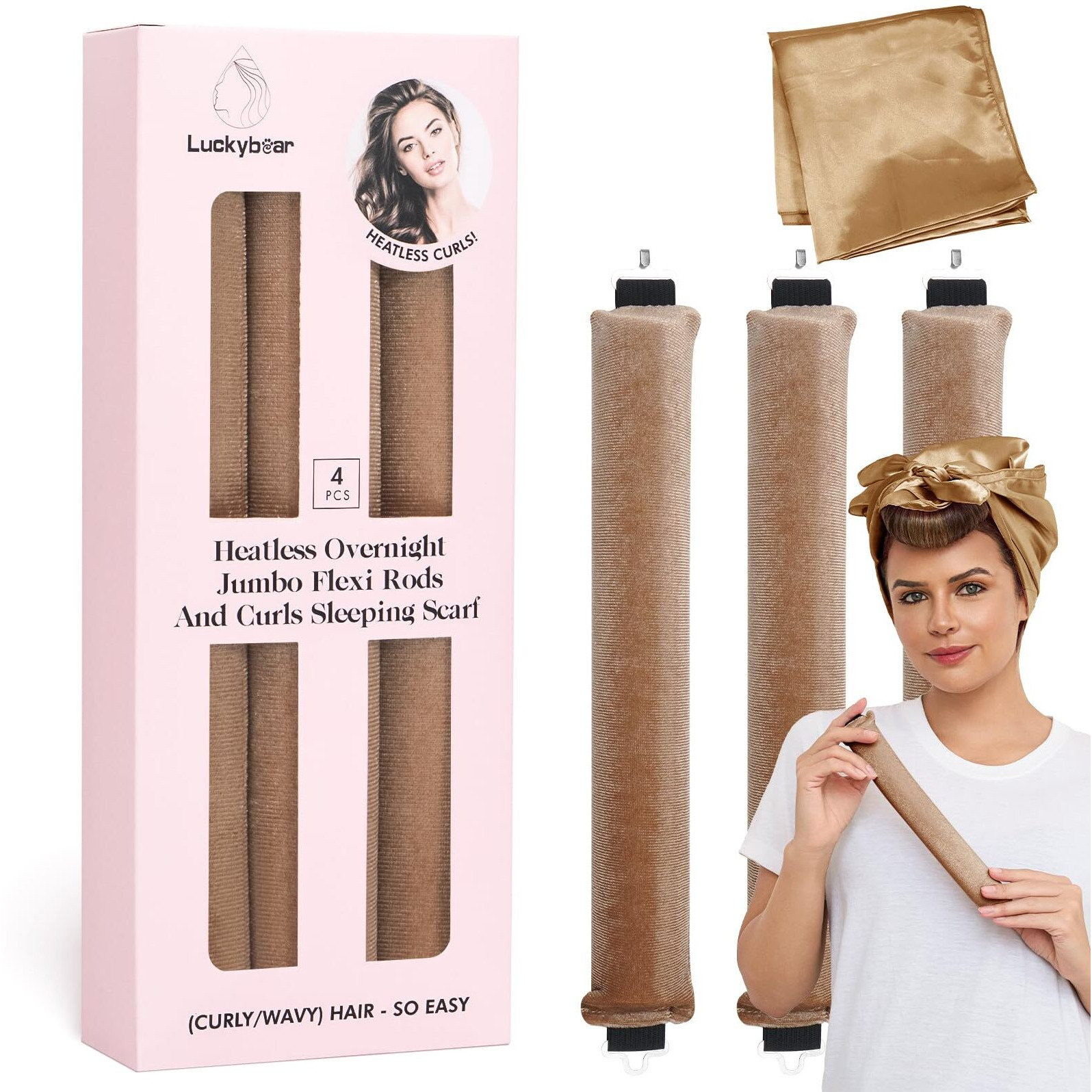 Heatless Curls Overnight Rods Jumbo Set  Heatless Hair Curler Velvet Satin Jumbo Flexi Rods To Sleep In  No Heat Overnight Sleeping Blowout Curls Wave Styling Tools With Silk Scarf 4Pcs Khaki