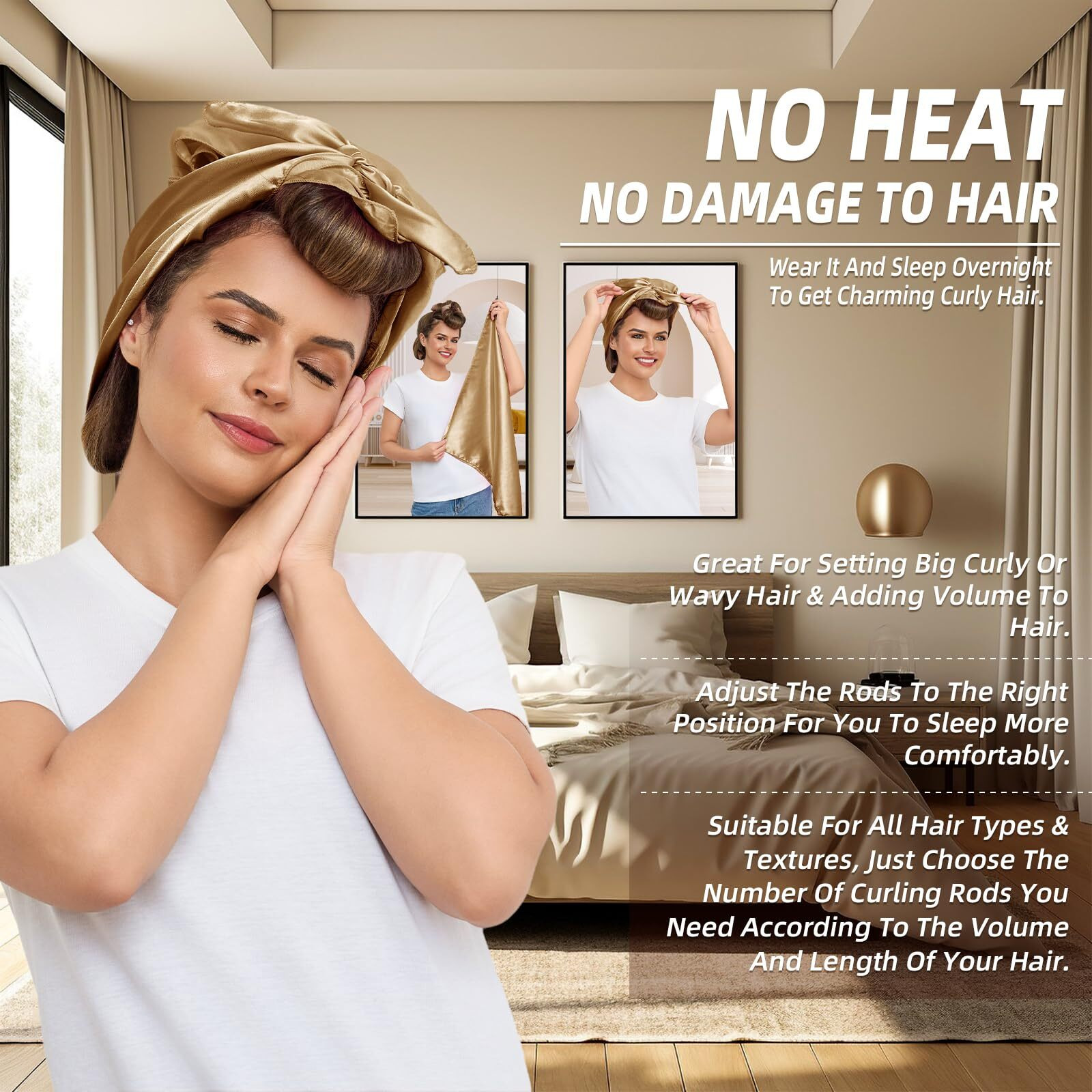 Heatless Curls Overnight Rods Jumbo Set  Heatless Hair Curler Velvet Satin Jumbo Flexi Rods To Sleep In  No Heat Overnight Sleeping Blowout Curls Wave Styling Tools With Silk Scarf 4Pcs Khaki