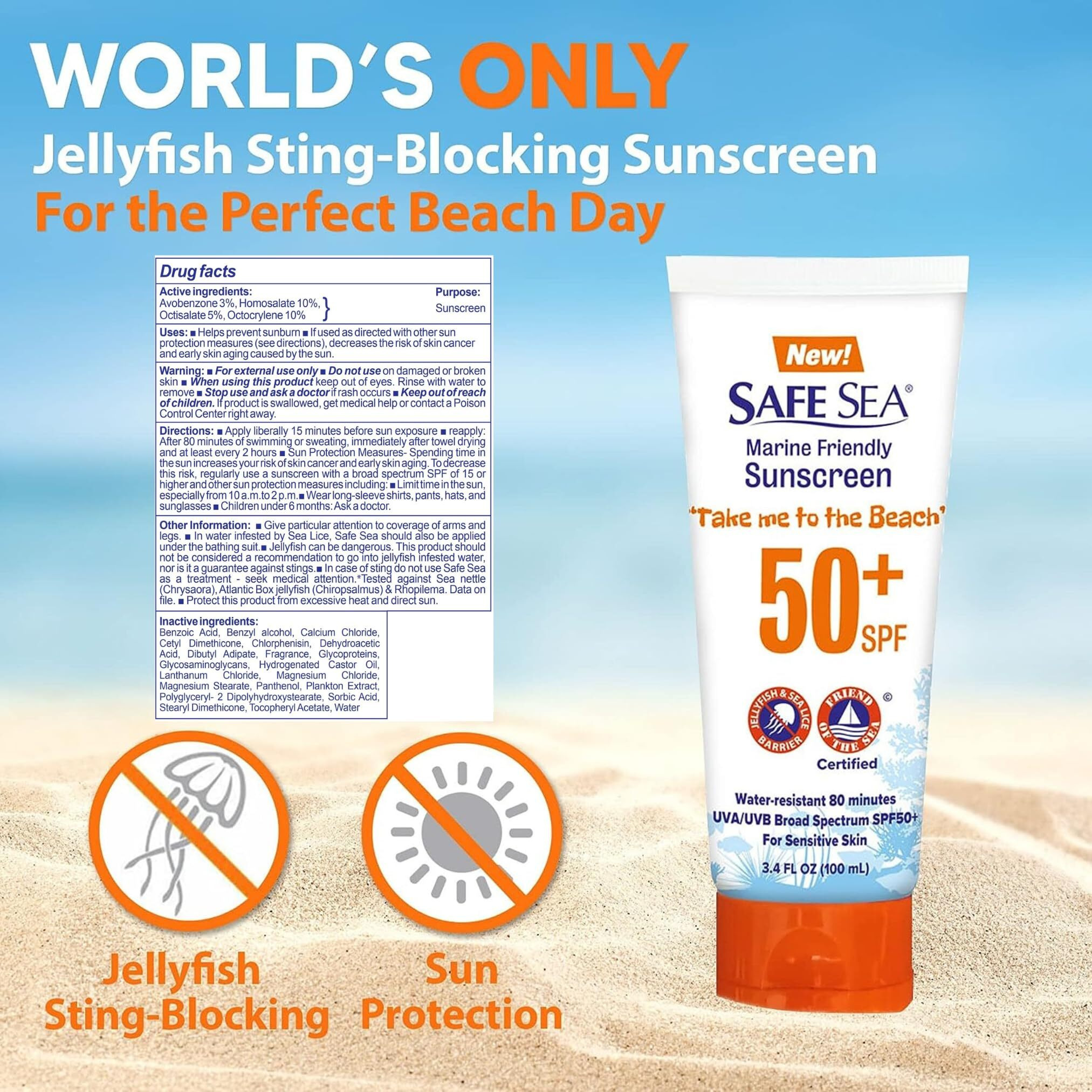 Safe Sea Anti-Jellyfish Sting Protective Lotion - Sunscreen - Sunblock - Sea Lice - Jelly Fish - 50Spf Adults (Tube 3.4 Oz 2 Pack)