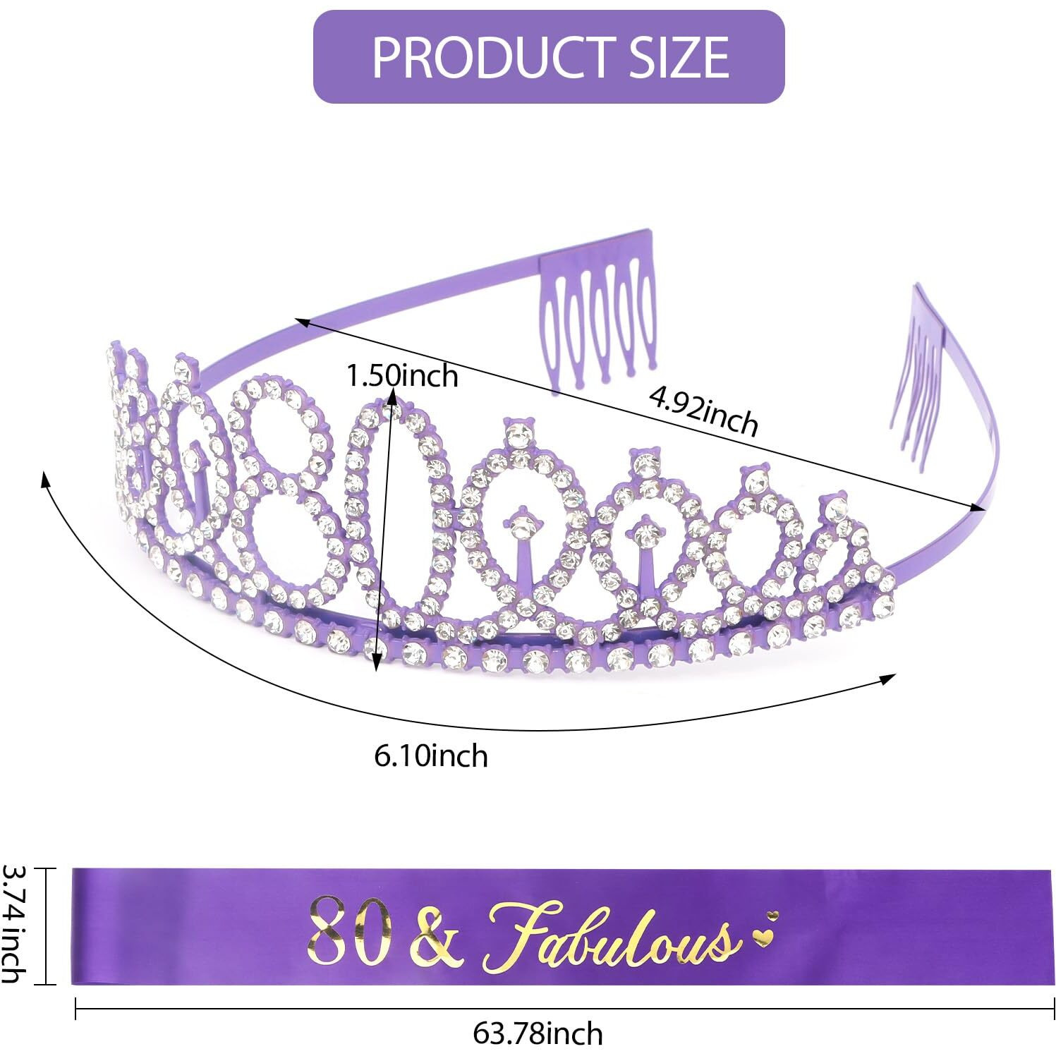 Cieher 80Th Birthday Crown + 80 & Fabulous Birthday Sash  Purple 80Th Birthday Decorations For Women 80Th Birthday Gifts For Women  Purple 80Th Birthday Party Decorations Happy 80Th Birthday