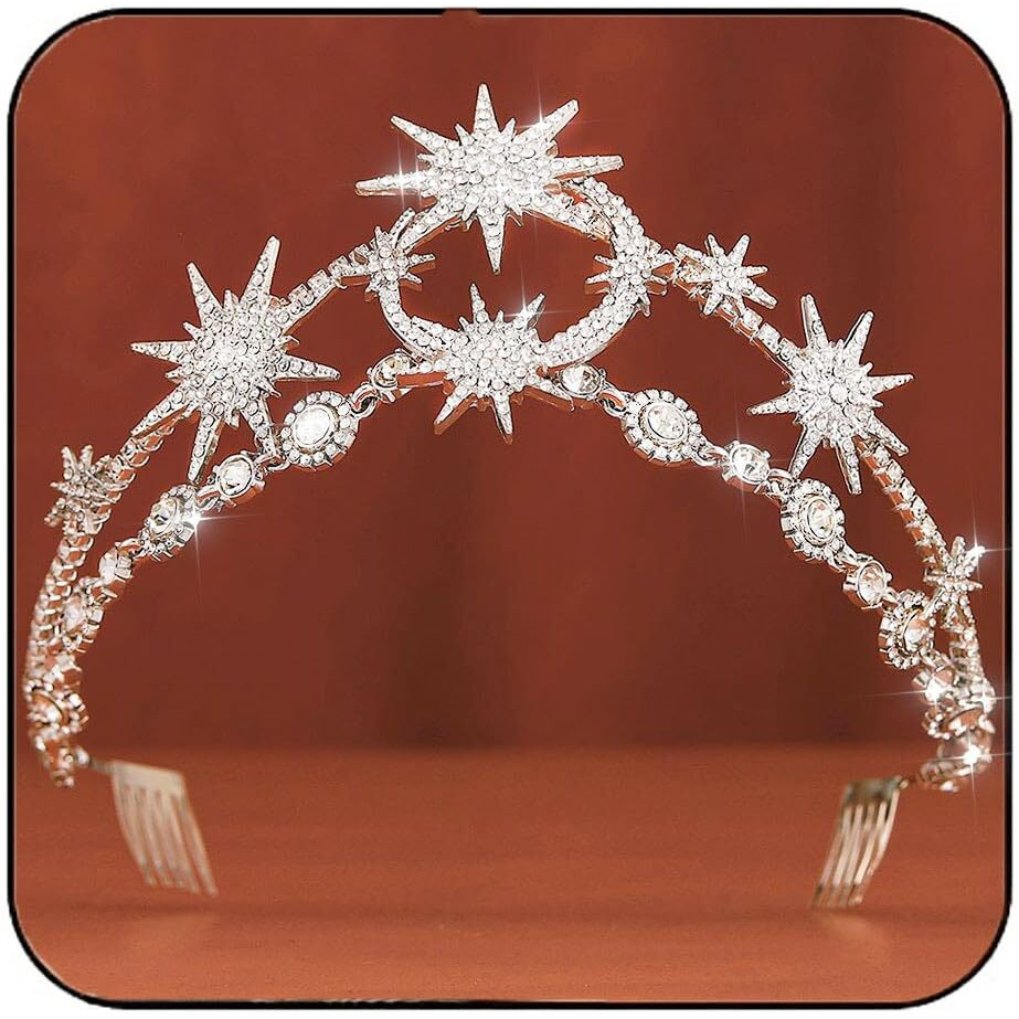 Gortin Star Moon Crown Silver Bride Wedding Headband Rhinestone Tiara Goddess Headpiece Bridal Hair Accessories For Women