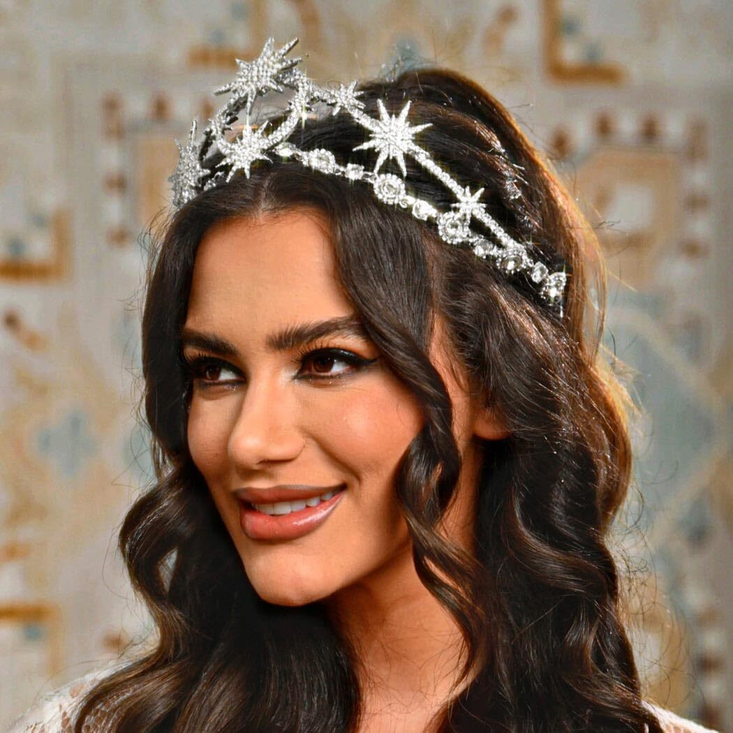 Gortin Star Moon Crown Silver Bride Wedding Headband Rhinestone Tiara Goddess Headpiece Bridal Hair Accessories For Women