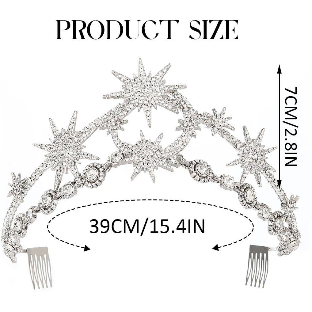 Gortin Star Moon Crown Silver Bride Wedding Headband Rhinestone Tiara Goddess Headpiece Bridal Hair Accessories For Women