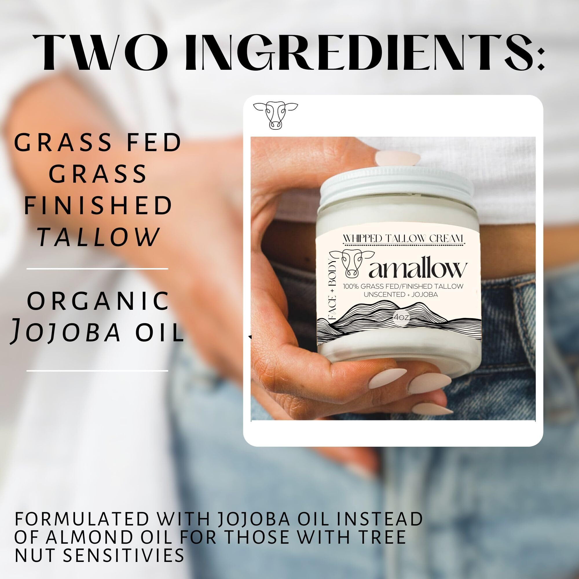 Amallow 100% Grass Fed Beef Tallow For Skin Care - Face + Body - Whipped Moisturizer For Sensitive Skin - Natural Lotion  4 Fl. Oz. (Unscented + Jojoba Oil)