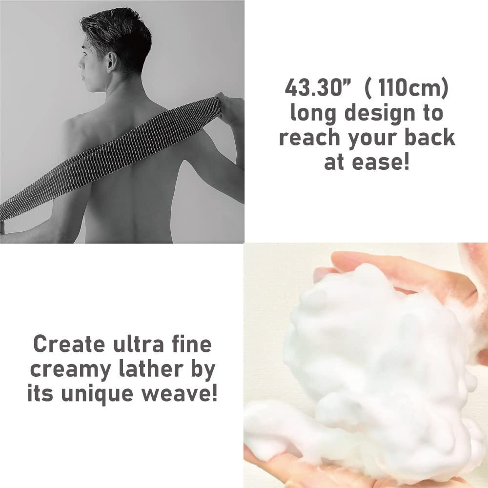 Exfoliating Washcloth [Made In Japan] Extra Long Exfoliating Towel Special Texture Makes Fluffy Foam Lather  Back Scrubber  Dead Skin Cell Remover  Loofah For Women And Men (Black)