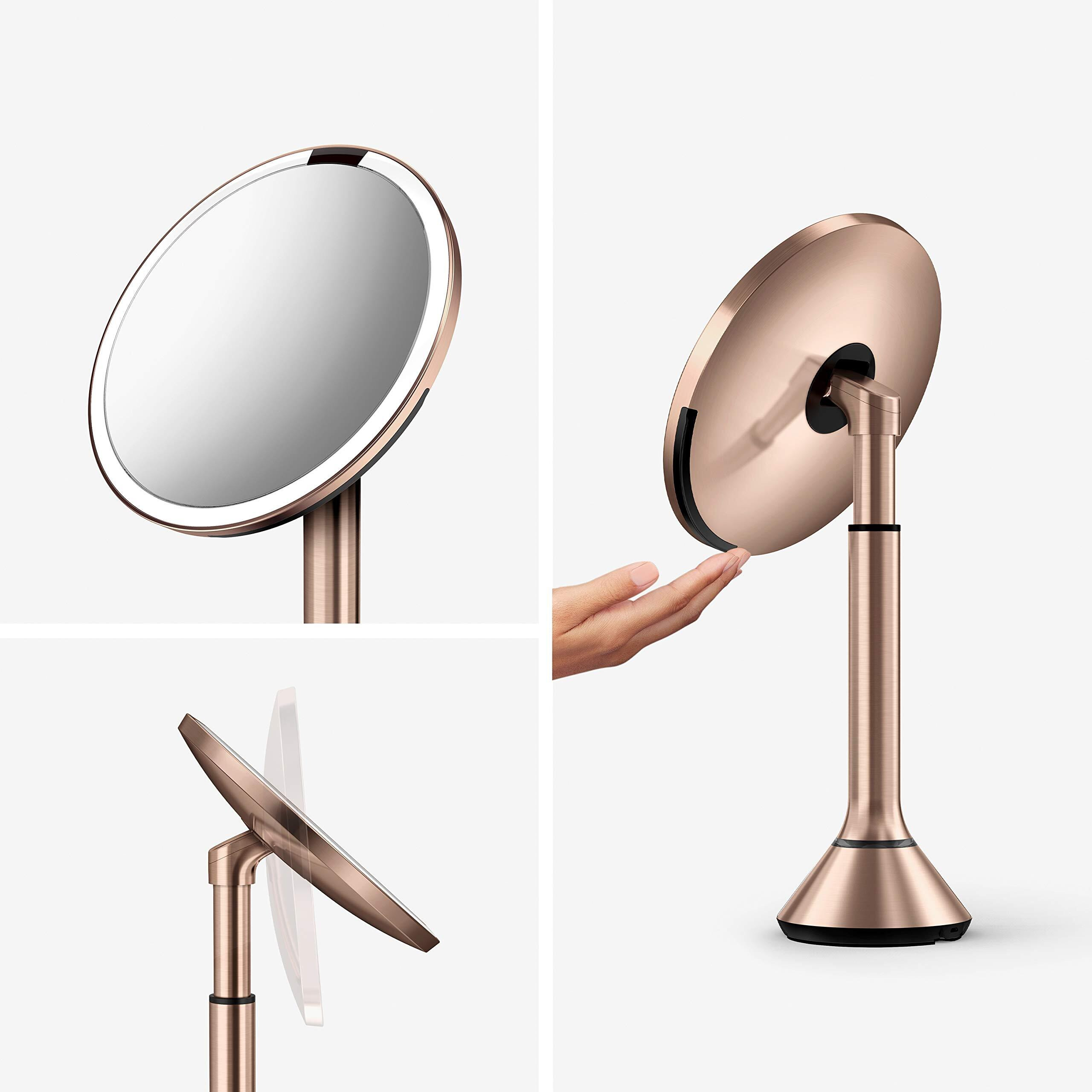 Simplehuman Sensor Mirror  Lighted Makeup Mirror With Magnification (5X)  8"" Round Magnifying Vanity Mirror With Lights  Cordless  Rose Gold Stainless Steel
