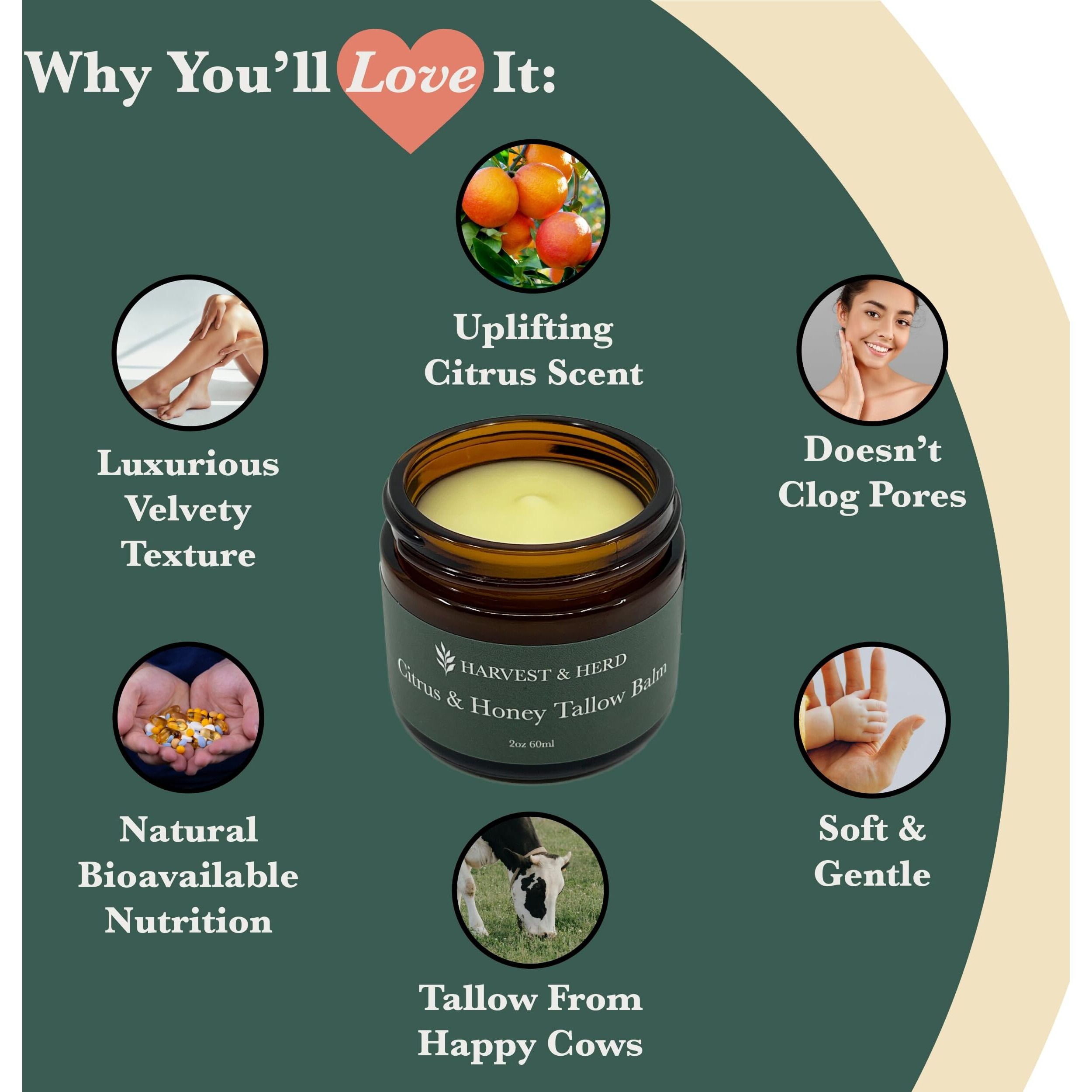 Harvest & Herd Citrus & Honey Tallow Balm - Soothing  Hydrating Complete Nutrition For Skin With Olive Oil  Honey  Beeswax  Royal Jelly And Signature Essential Oil Blend (2Oz 60Ml)