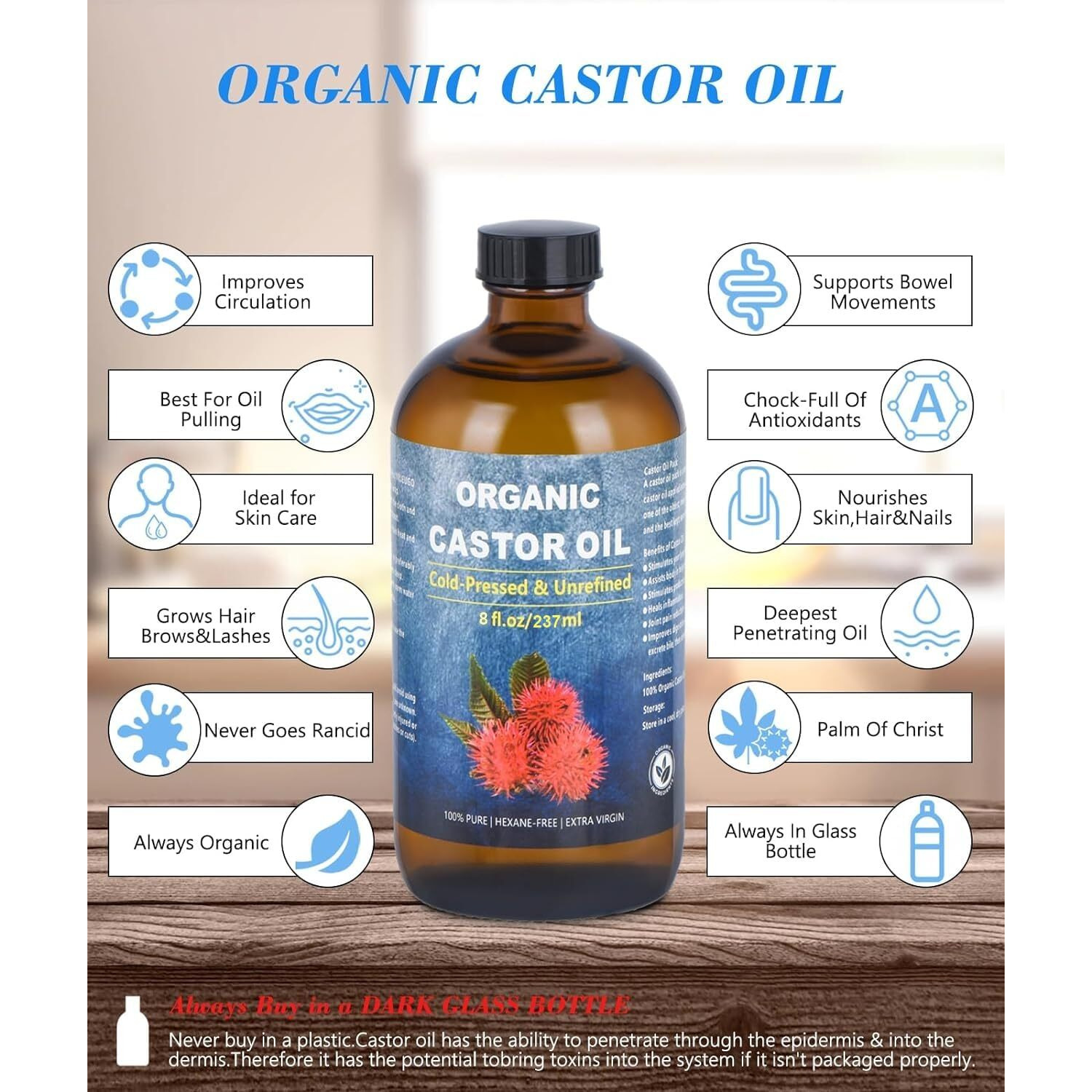 Vrjeugo Organic Castor Oil For Face Roll On Rollerball Castor Oil  Deep Hydration For Skin Care And Hair  Castor Oil Organic Cold Pressed Unrefined Glass Bottle 8Oz With 2 Roller