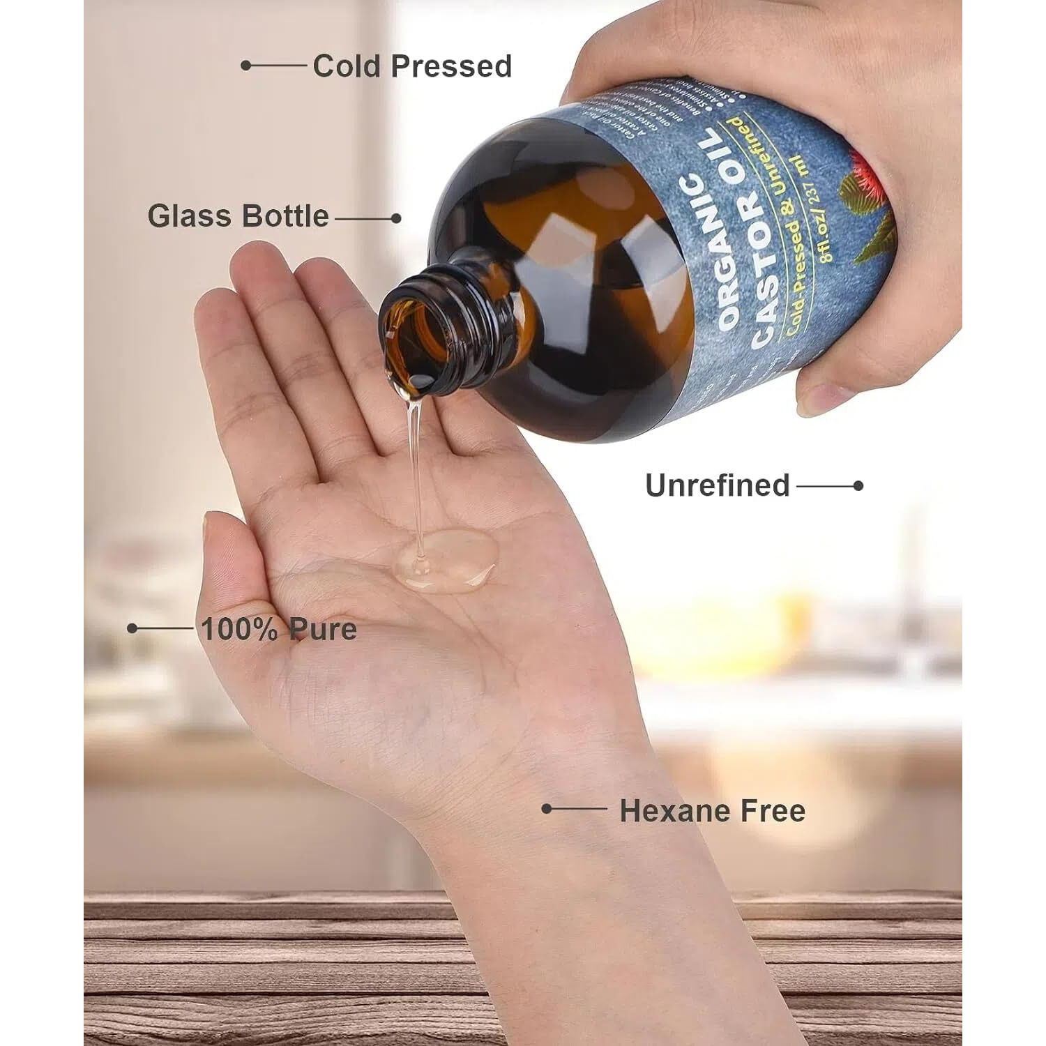 Vrjeugo Organic Castor Oil For Face Roll On Rollerball Castor Oil  Deep Hydration For Skin Care And Hair  Castor Oil Organic Cold Pressed Unrefined Glass Bottle 8Oz With 2 Roller