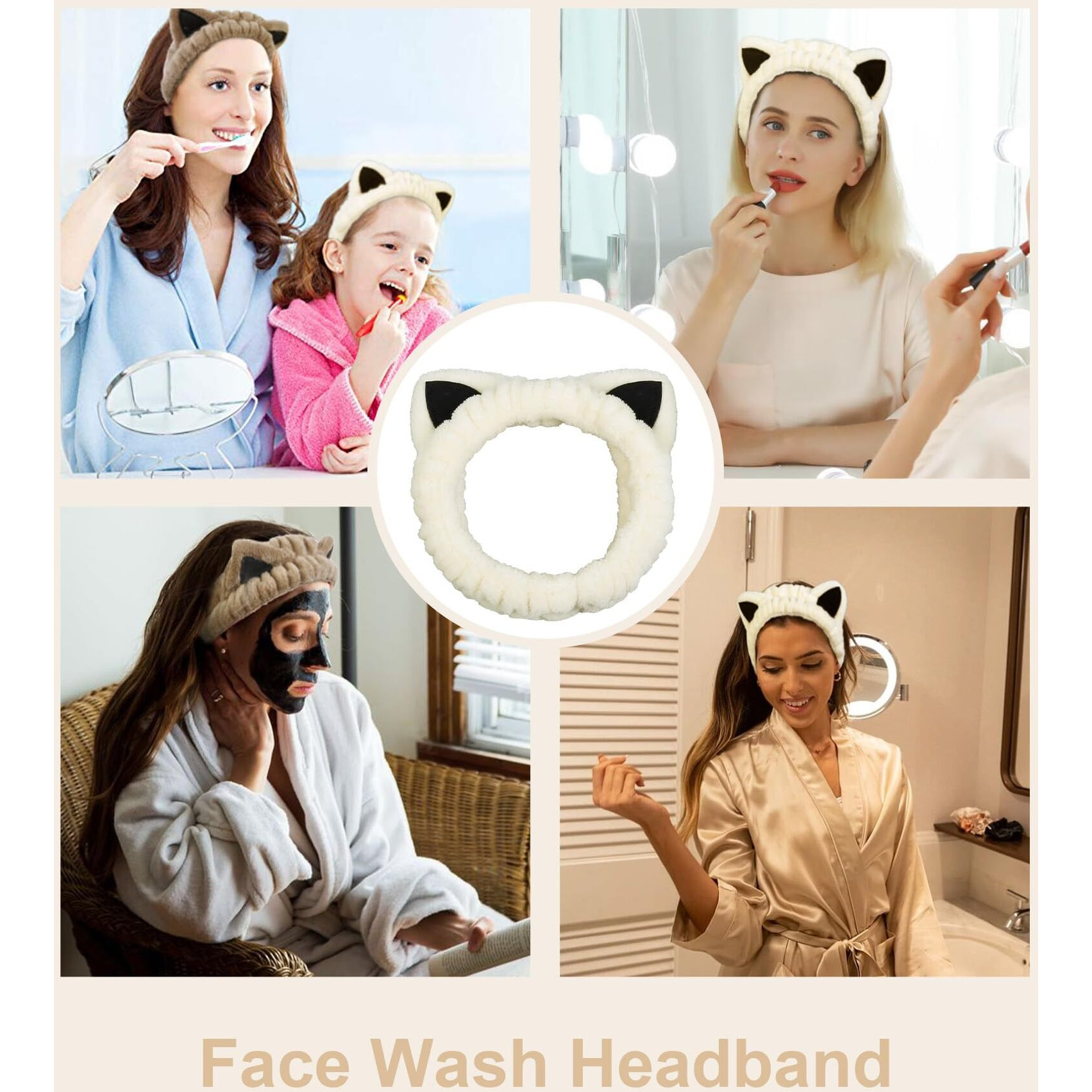 Huachi 2 Packs Cute Cat Spa Headband For Washing Face Makeup Skincare  Animal Headbands For Women Girls Trendy Stuff Gifts Soft Coral Fleece Facial Wash Hair Accessories (Beige+ Khaki)