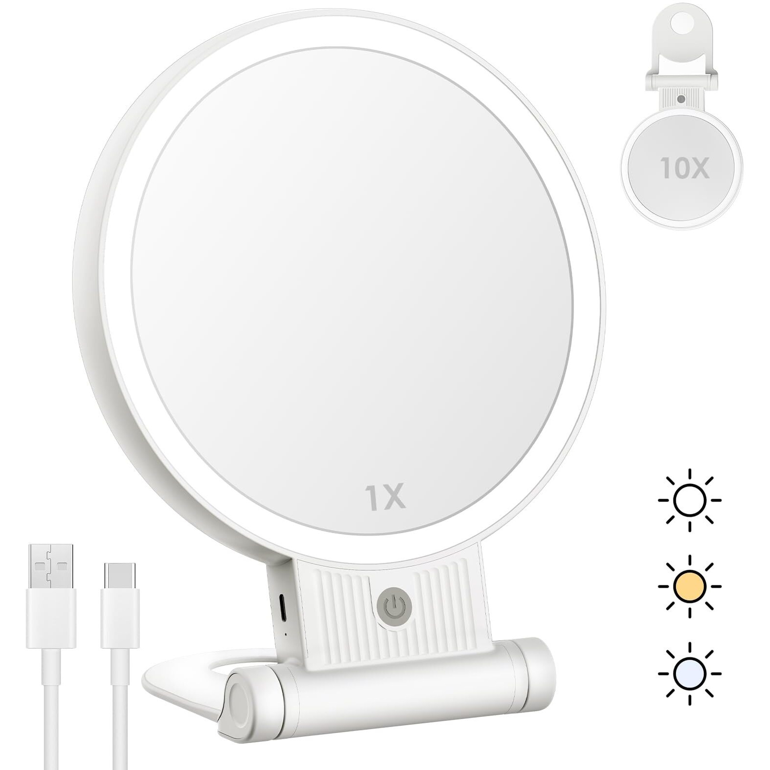 Lukymiro 1X 10X Lighted Makeup Mirror  Rechargeable 8"" Vanity Magnifying Mirror With Lights 3 Color Setting  2 Sided Led Vanity Folding Cosmetic Desk Mirror  Hanging Magnification Mirror With Handle