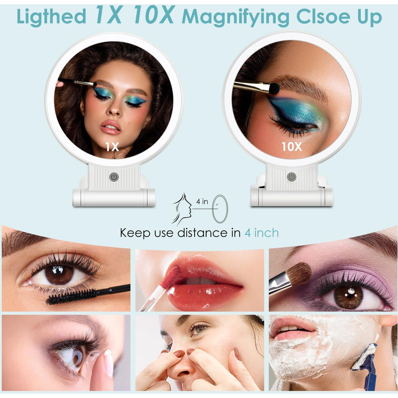 Lukymiro 1X 10X Lighted Makeup Mirror  Rechargeable 8"" Vanity Magnifying Mirror With Lights 3 Color Setting  2 Sided Led Vanity Folding Cosmetic Desk Mirror  Hanging Magnification Mirror With Handle