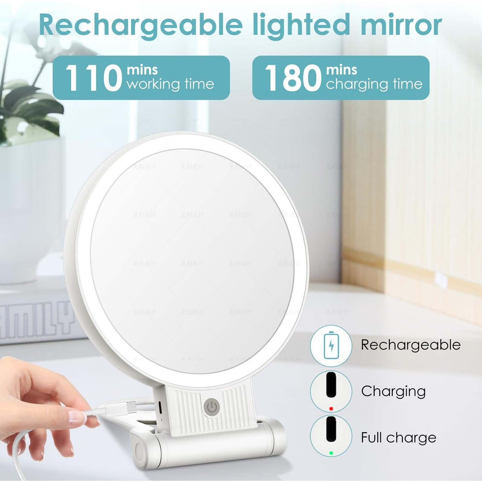 Lukymiro 1X 10X Lighted Makeup Mirror  Rechargeable 8"" Vanity Magnifying Mirror With Lights 3 Color Setting  2 Sided Led Vanity Folding Cosmetic Desk Mirror  Hanging Magnification Mirror With Handle