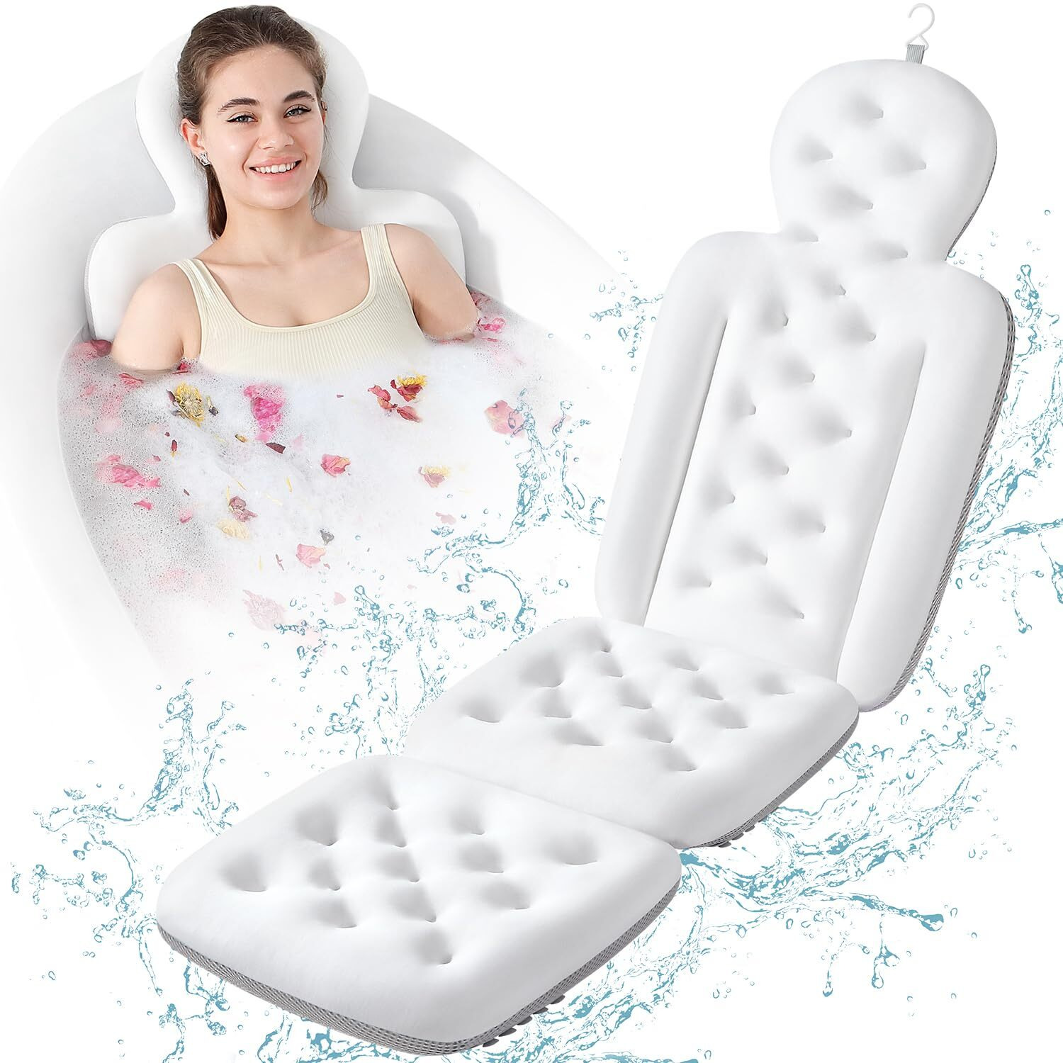 Luxury Bath Cushion  Full Body Bathtub Pillow With 160 Suction Cups  Bath Mat For Head And Neck Support  With Laundry Bag (White  56.2"" X 16.2"")